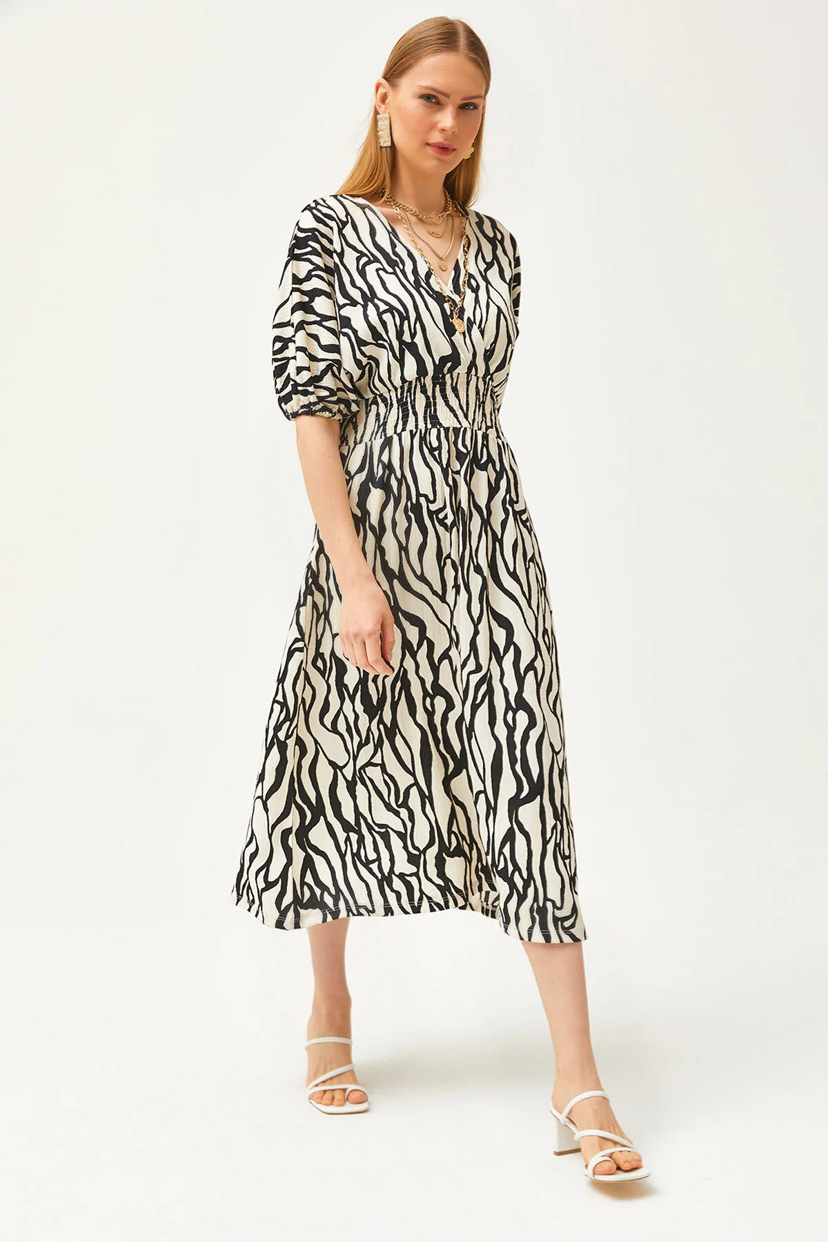 Olalook  Schwarzes Midikleid mit zweireihigem Kragen und umgeschlagener Taille für Damen ELB-19002100