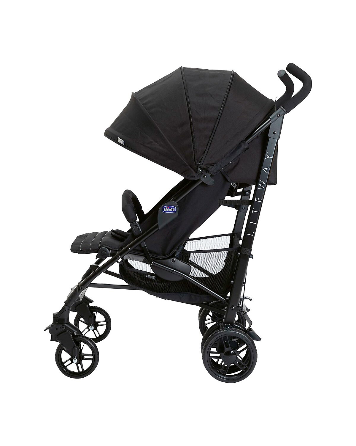 Buggy Sportwagen Lite Way4 schwarz, mit faltbarem Frontbügel 22Kg Traglast, mit neuem großen Verdeck und Textilen Design, inkl. Regenschutz, Einhängekorb
