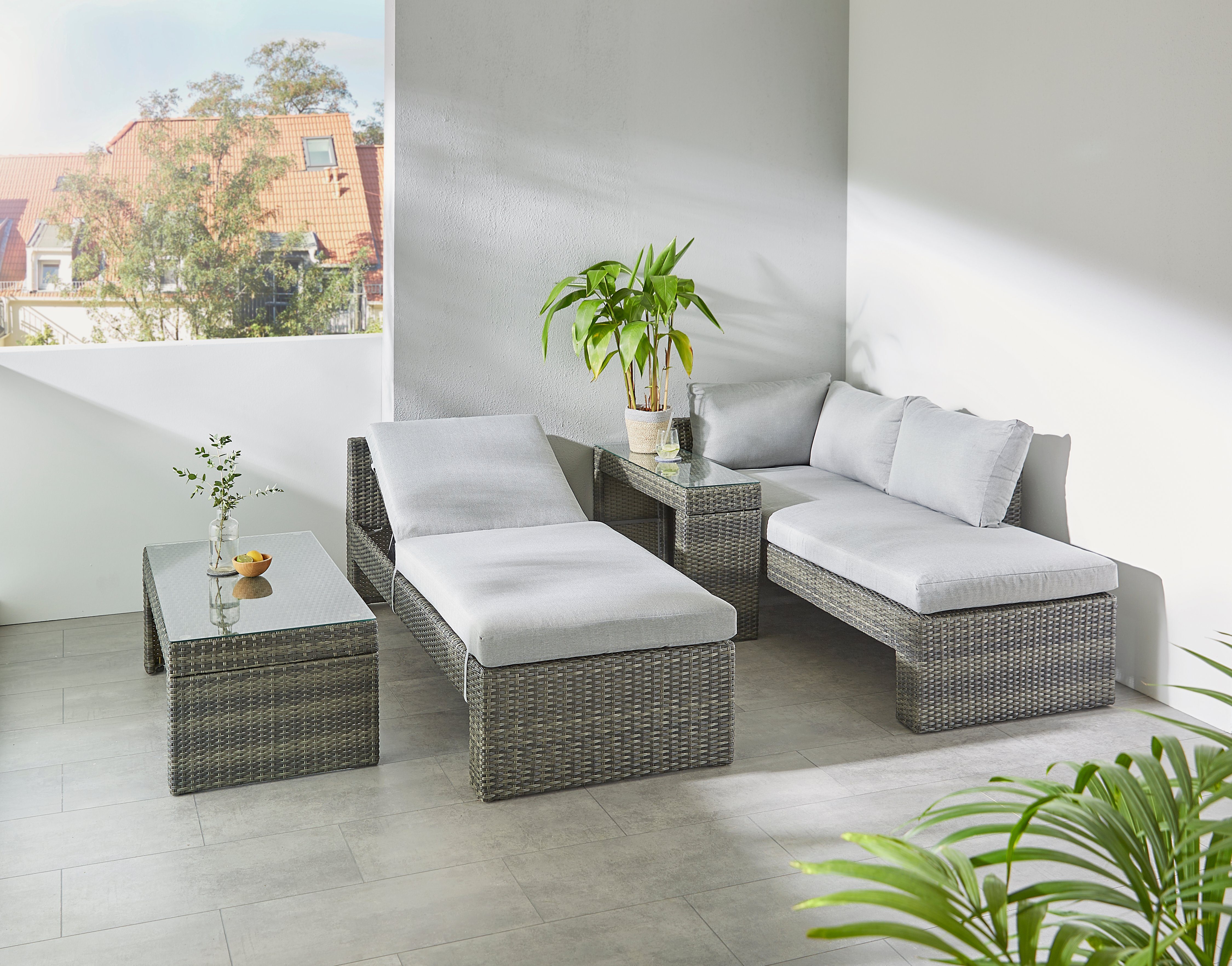 KONIFERA Gartenlounge-Set Parga, (Set, 4-tlg., 2x Sofa, 2x Tisch, Stahl, Polyrattan), verstellbares Kopfteil, inkl. Auflagen