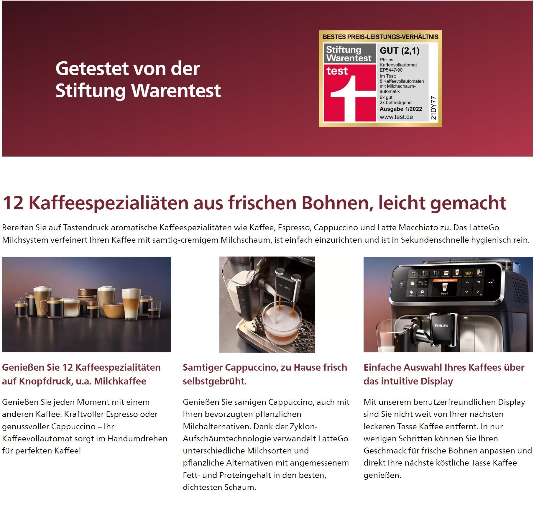 Philips Kaffeevollautomat Series 5400 Kaffeevollautomat LatteGo Milchaufschäumer Display, Kaffeeautomat Cafemaschine Kaffeemaschine mi Mahlwerk Vollautomat Cafe