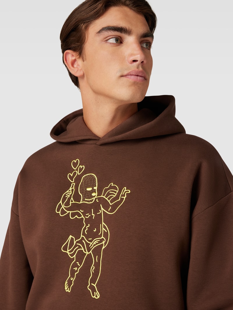 Hoodie mit Motiv-Stitching in dunkelbraun