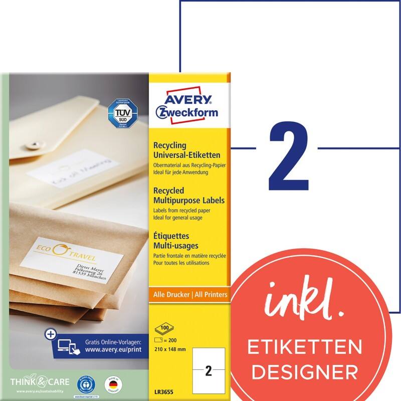 AVERY Zweckform Universaletiketten LR3655 Selbsthaftend DIN A4 Naturweiß 210 x 148 mm Recycled 100 Blatt à 2 Etiketten