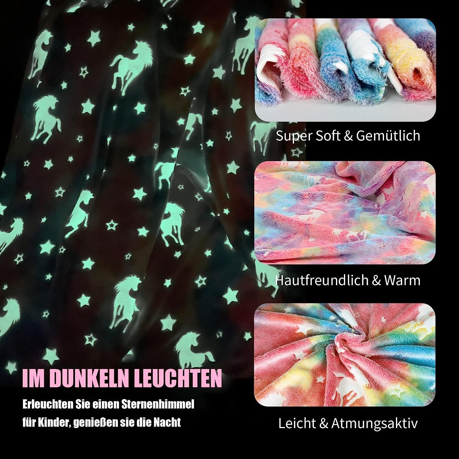 Kinderdecke Kinder Glow In The Dark Decke 150×130cm Einhorn, DRSEON