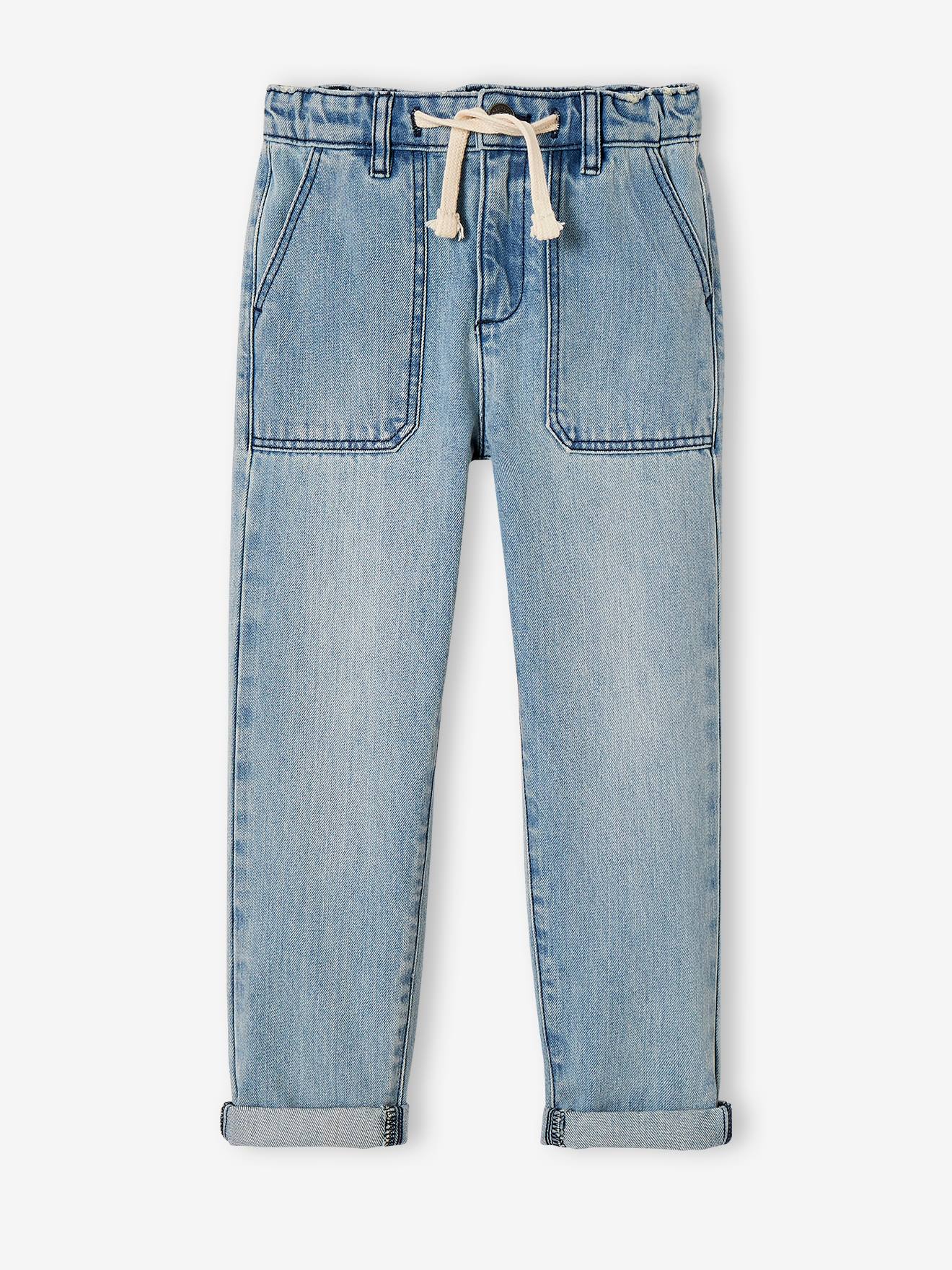 Jean droit loose effet patchs garçon denim bleached