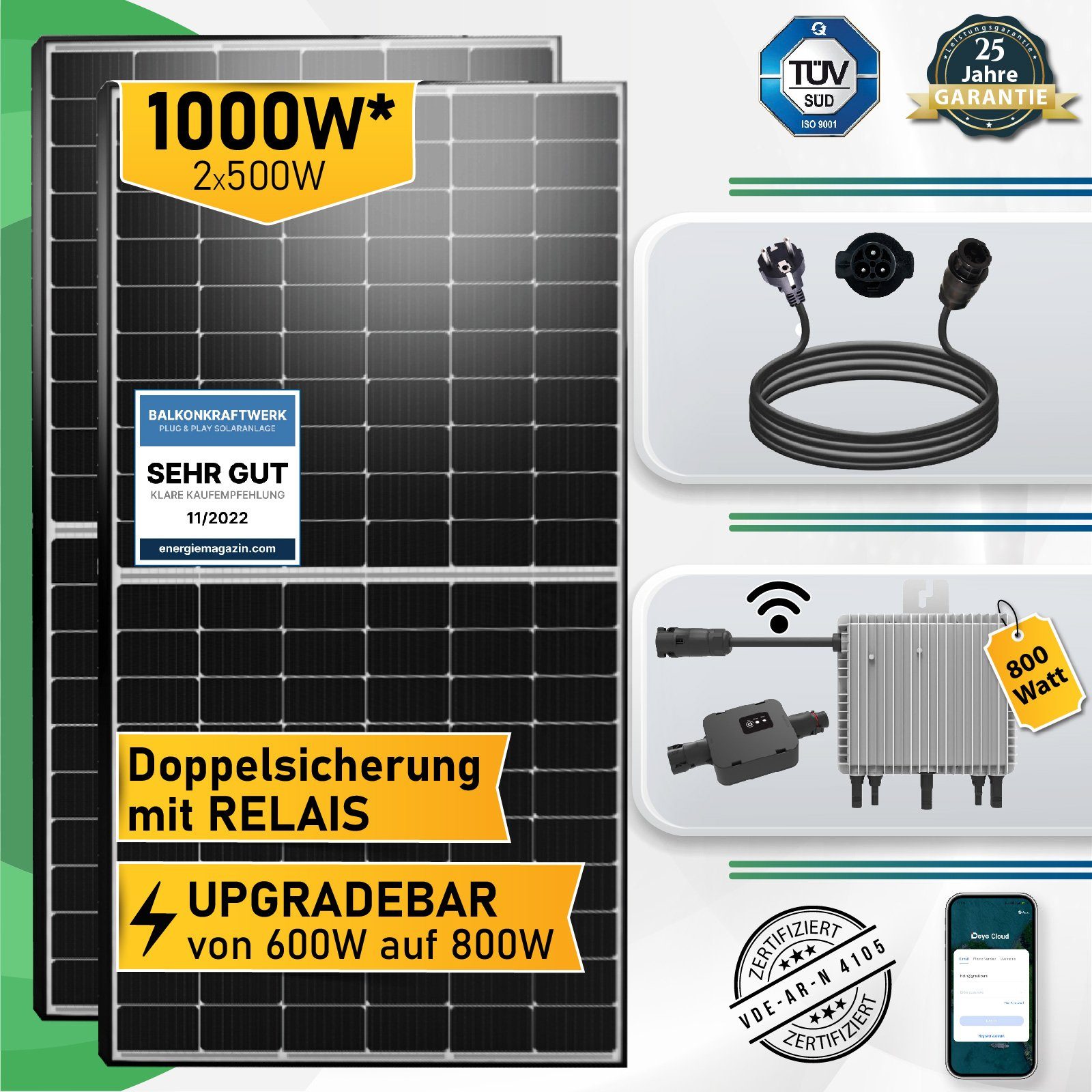 Campergold Solaranlage 1000W (2x500W) Photovoltaik Balkonkraftwerk Mini-PV Anlage, 800W DEYE WLAN upgradefähiger Wechselrichter mit Relais, Antireflexbeschichtung, Wasserdichtigkeitsklasse, Monokristallin, Balkon-Solaranlage steckerfertig für Ihr Hau