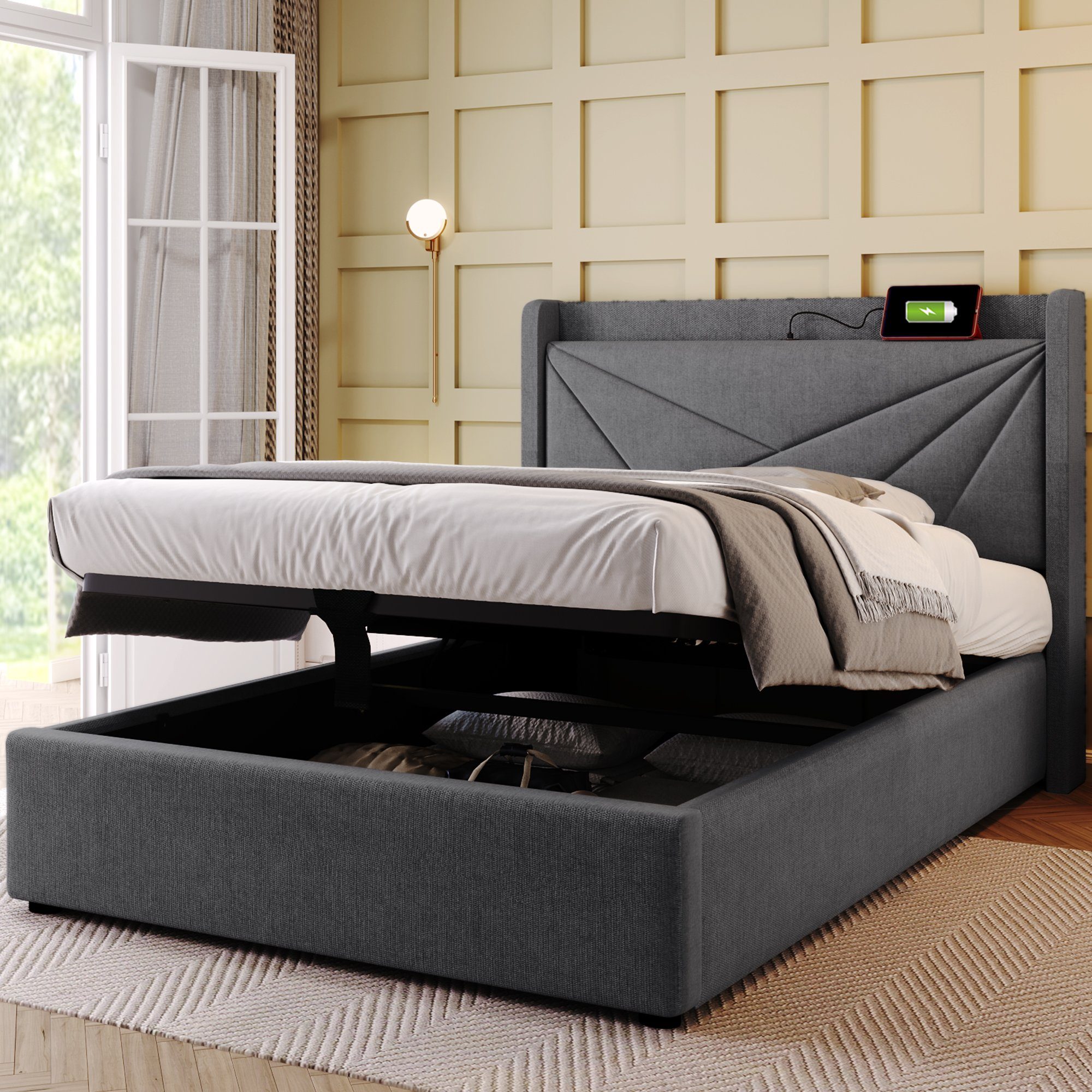 Ulife Polsterbett Doppelbett Stauraumbett mit USB /Typ C, Ladefunktion, Leinen, 90 × 200 cm