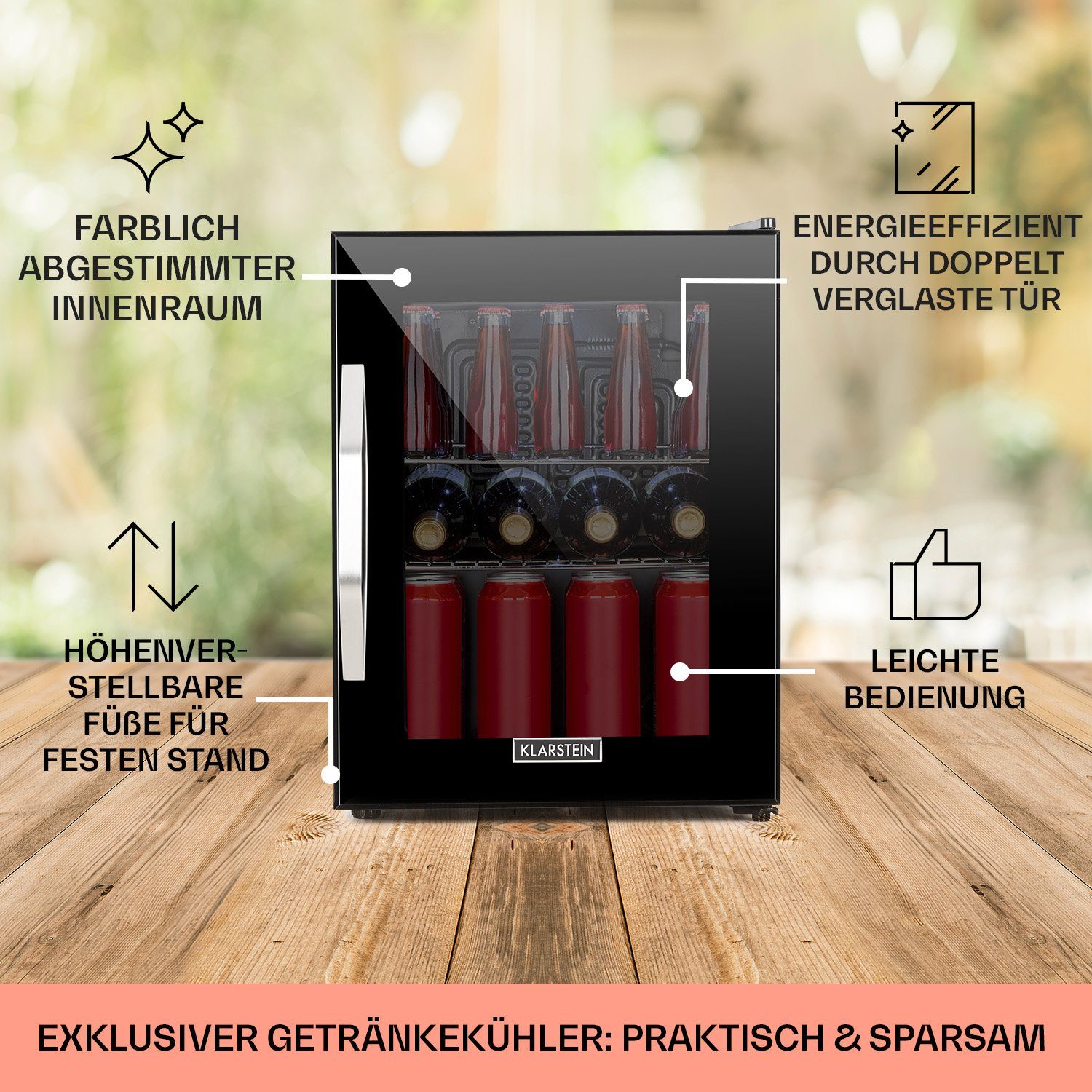 Klarstein Getränkekühlschrank HEA-Beersafe-M-OX 10034847A, 54 cm hoch, 40.5 cm breit, Mini Kühlschrank ohne Gefrierfach klein Getränkekühlschrank Glastür