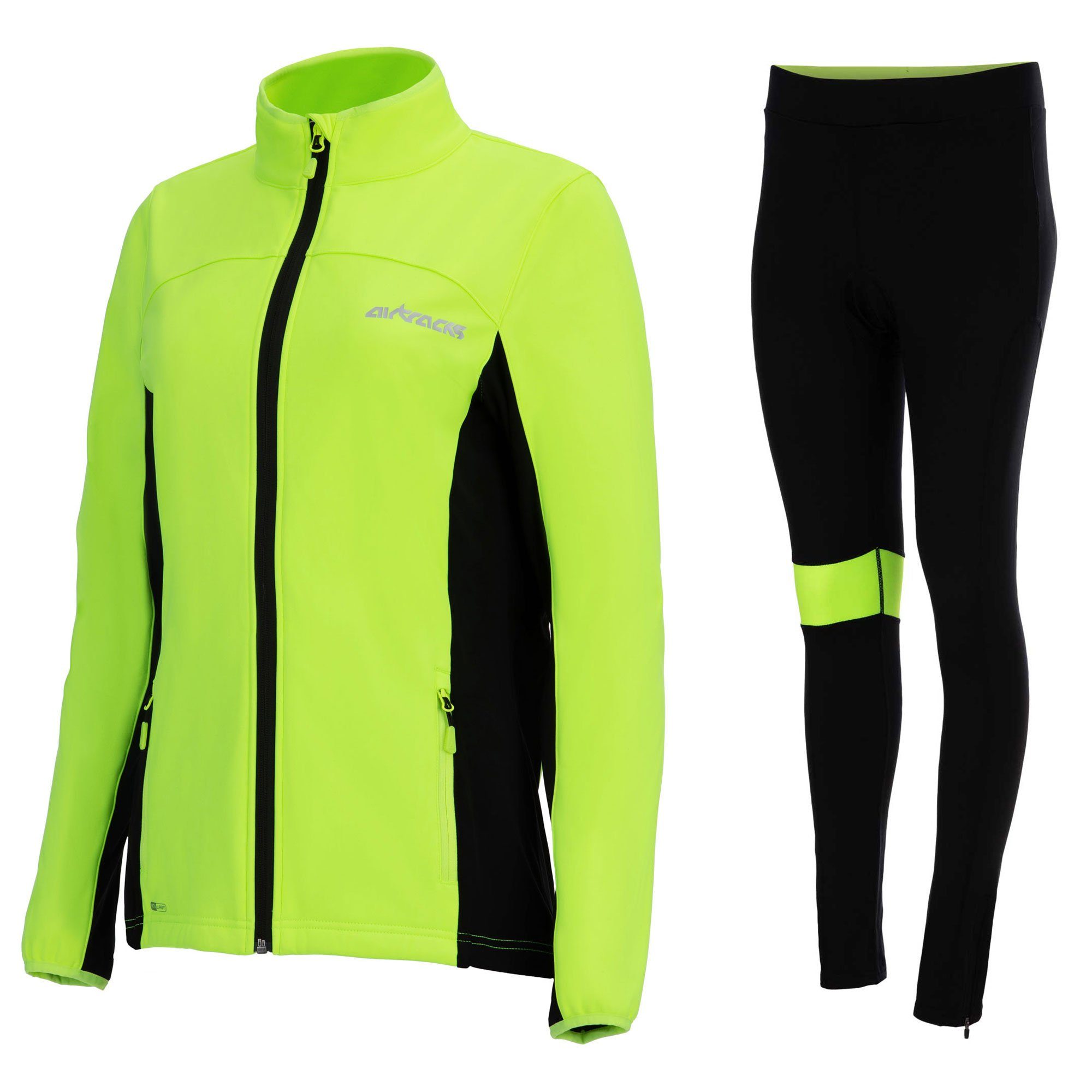 Airtracks Fahrradhose Damen Winter Radtrikot Set (Set, 2er Pack) Softshell Fahrradjacke + Thermo Fahrradhose Lang, optimal für die kalte Jahreszeit Herbst-Winter  S M L Xl XXL XXXL