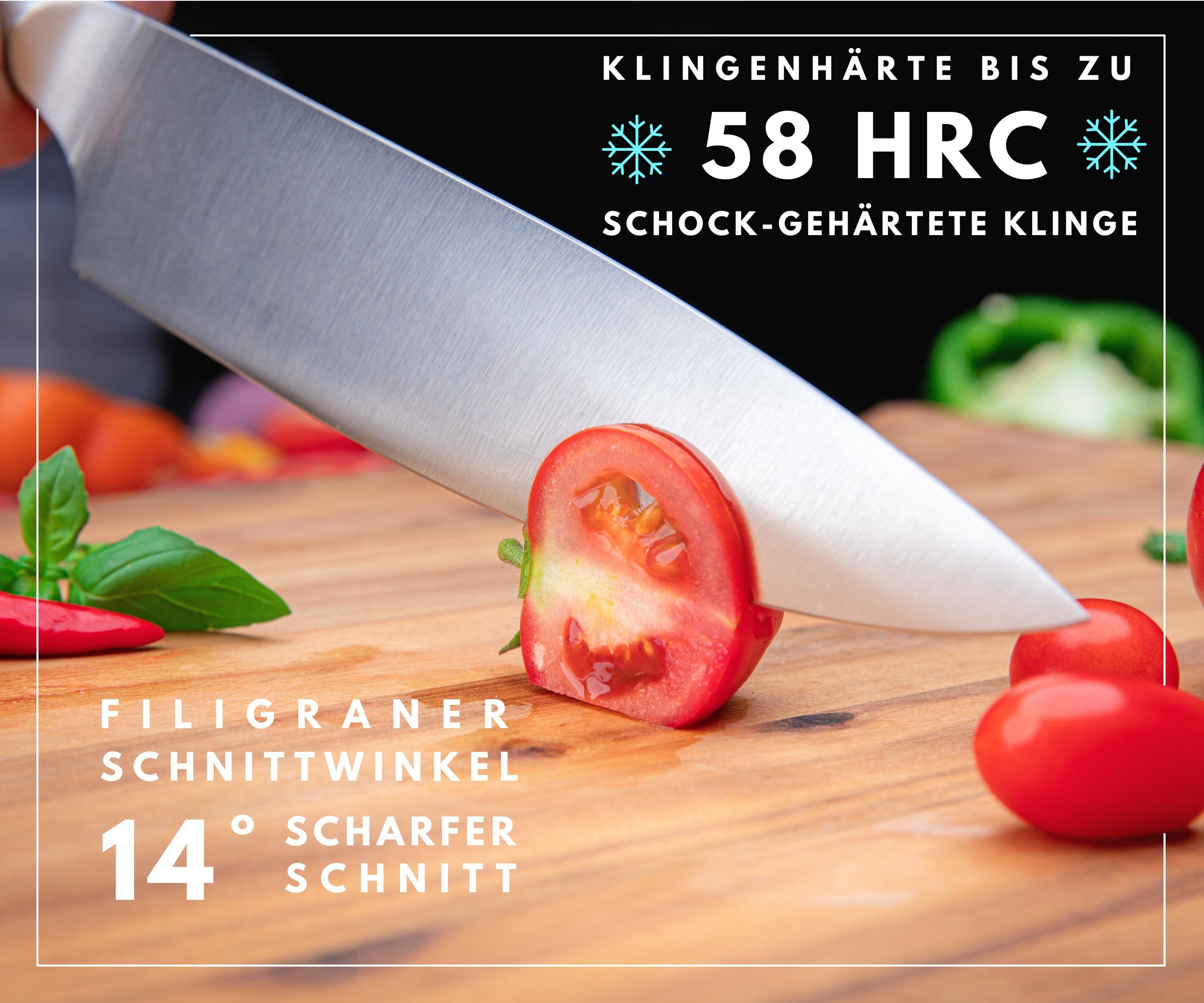 Hannah's Homebrand Kochmesser rostfreies Kochmesser extra scharf - Chefmesser mit Holzgriff, 21 cm Klinge, Holzgriff