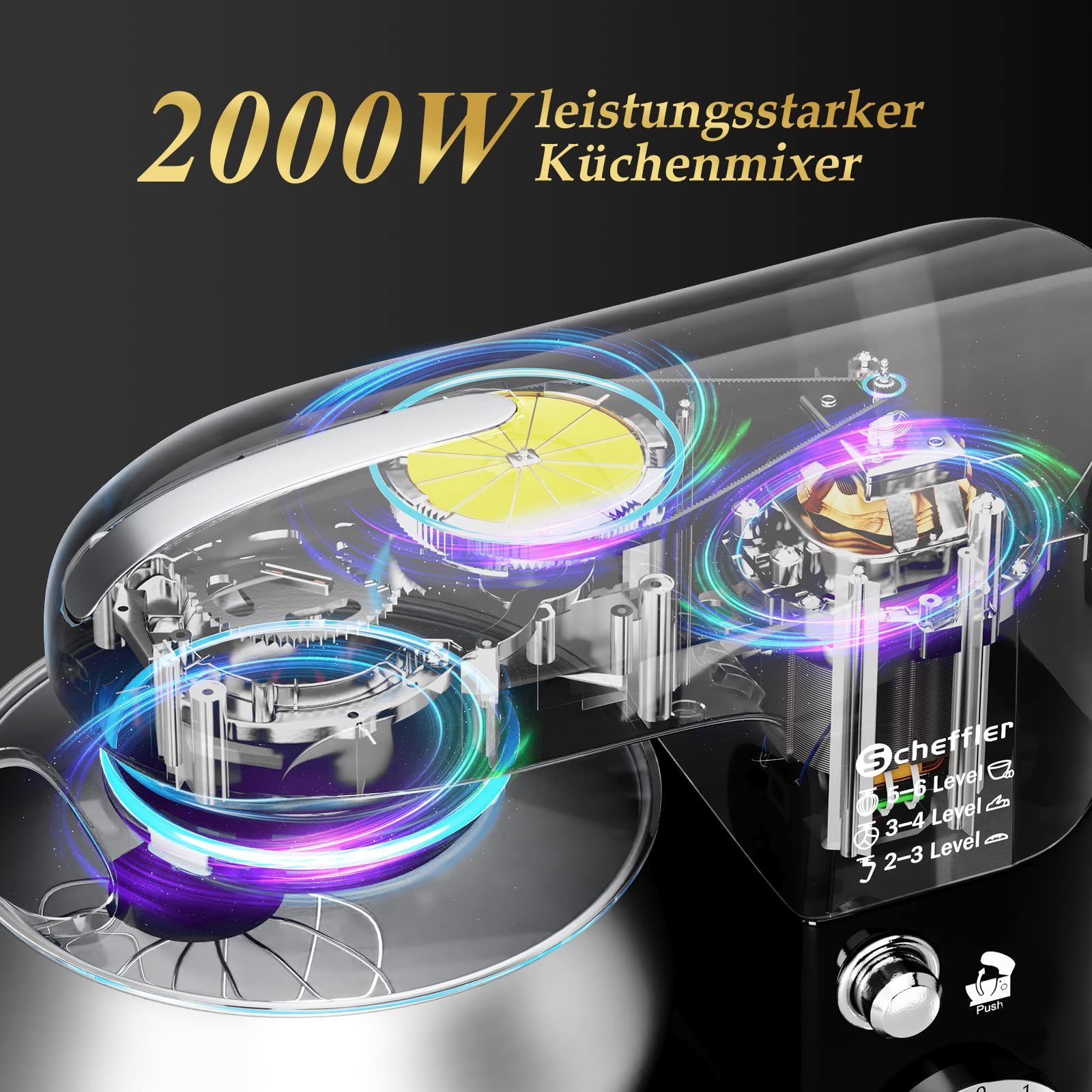 Scheffler Küchenmaschine 5L Edelstahlschüssel Knetmaschine mit 6 Geschwindigkeitsstufen, 2000,00 W, 5,00 l Schüssel, Teigmaschine mit Rührbesen, Knethaken, Schläger und Spritzschutz