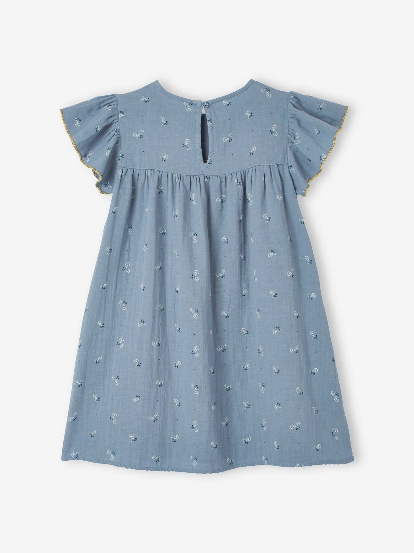 Robe fille en gaze de coton imprimée manches papillon bleu imprimé