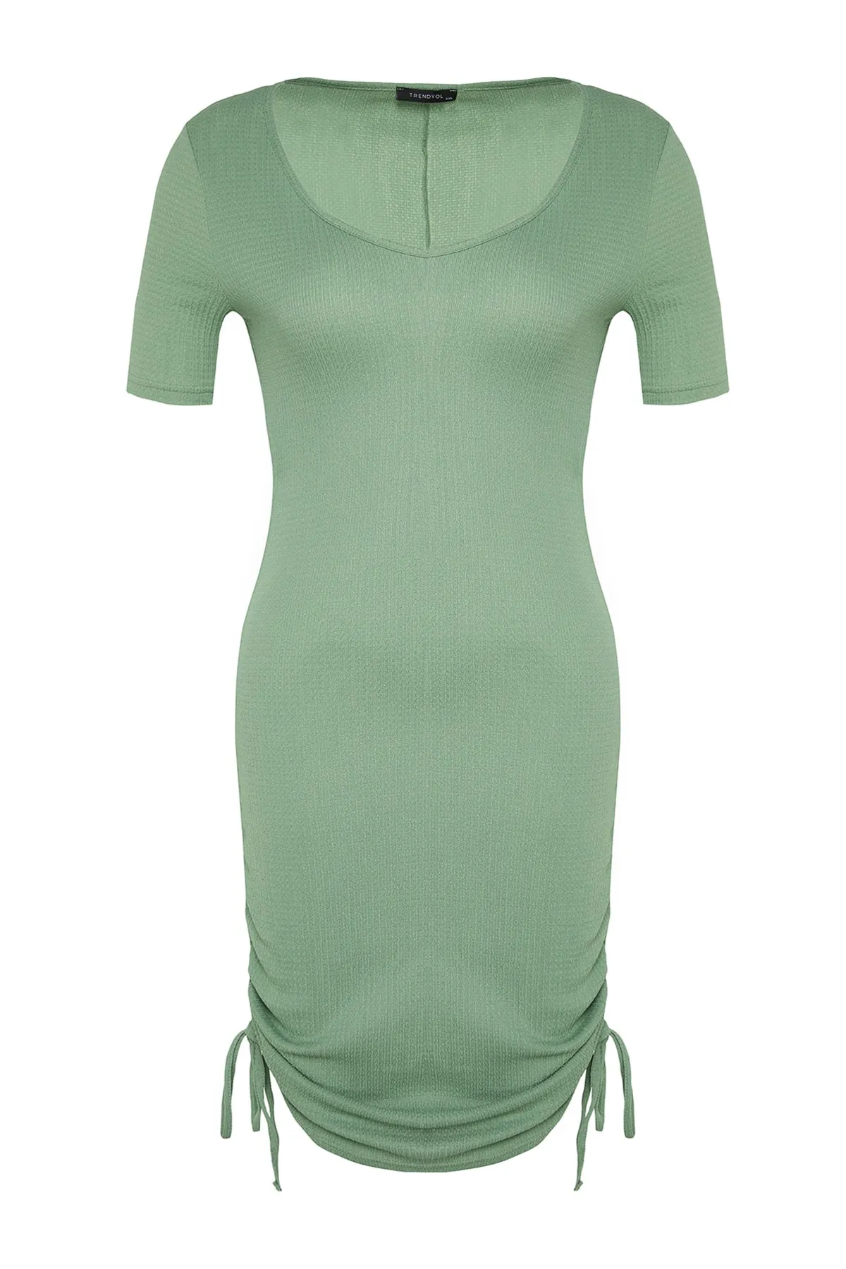 Trendyol Curve  Dunkelmintfarbenes, körperbetontes, seitlich gerafftes Strickkleid mit detailliertem Muster TBBSS22AH0147