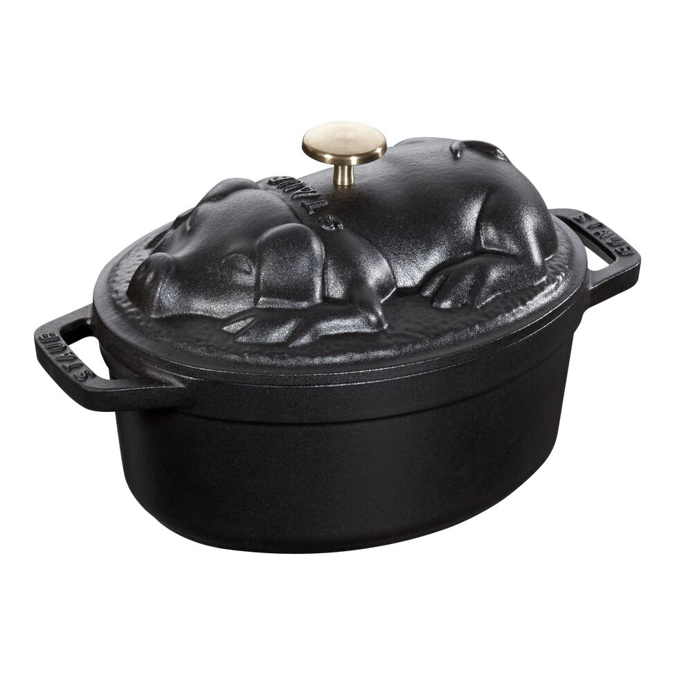 Cocotte Schweinedeckel 17 cm, oval, Schwarz, Gusseisen