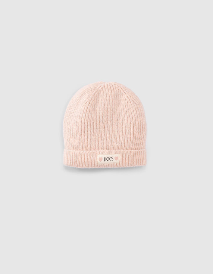 Bonnet rose poudré tricot lurex fourré bébé fille