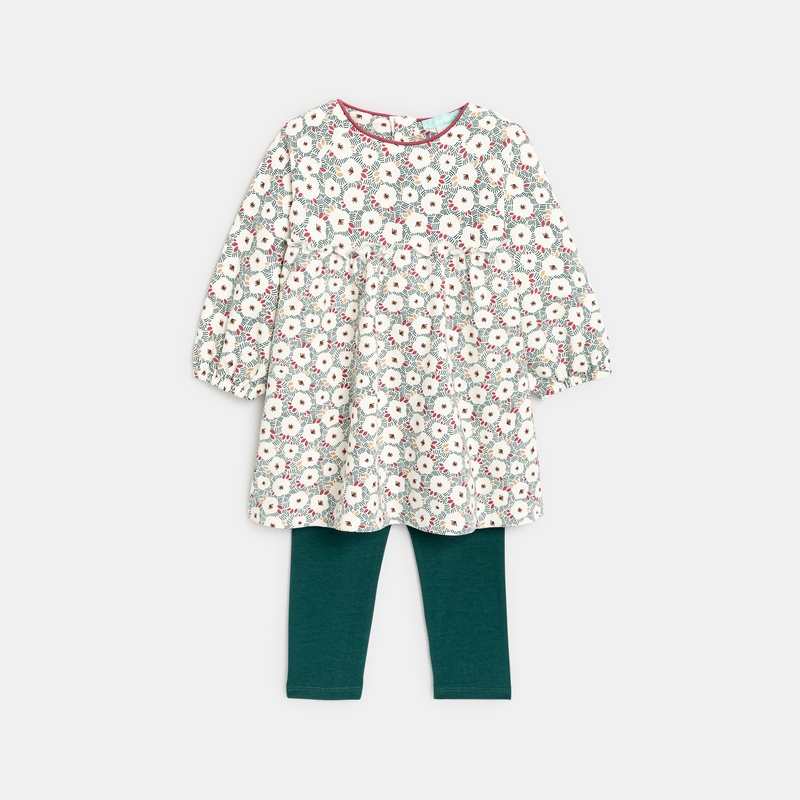 Robe fleurie molleton et legging verte bébé fille