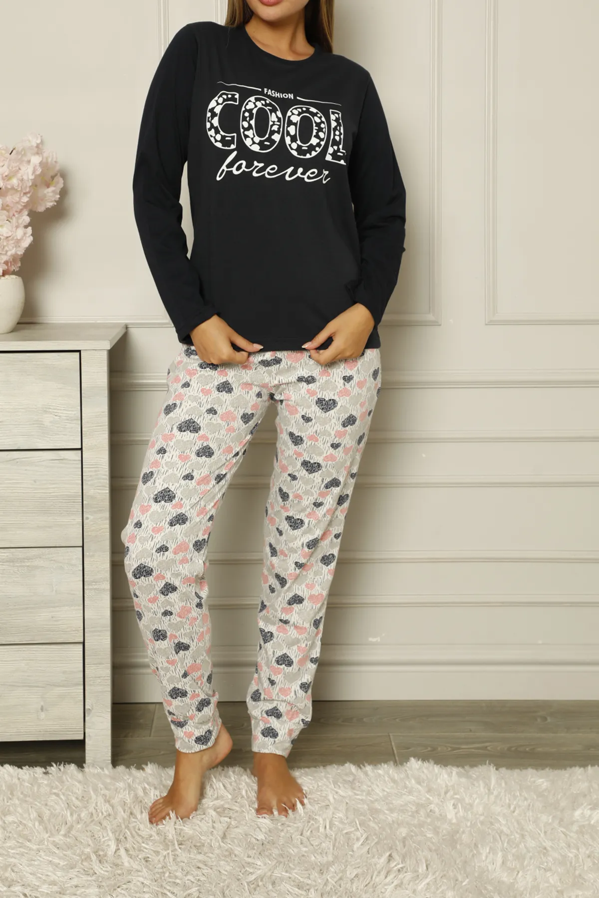Nicoletta  Damen-Pyjama-Set mit langen Ärmeln, Baumwolle, Schwarz