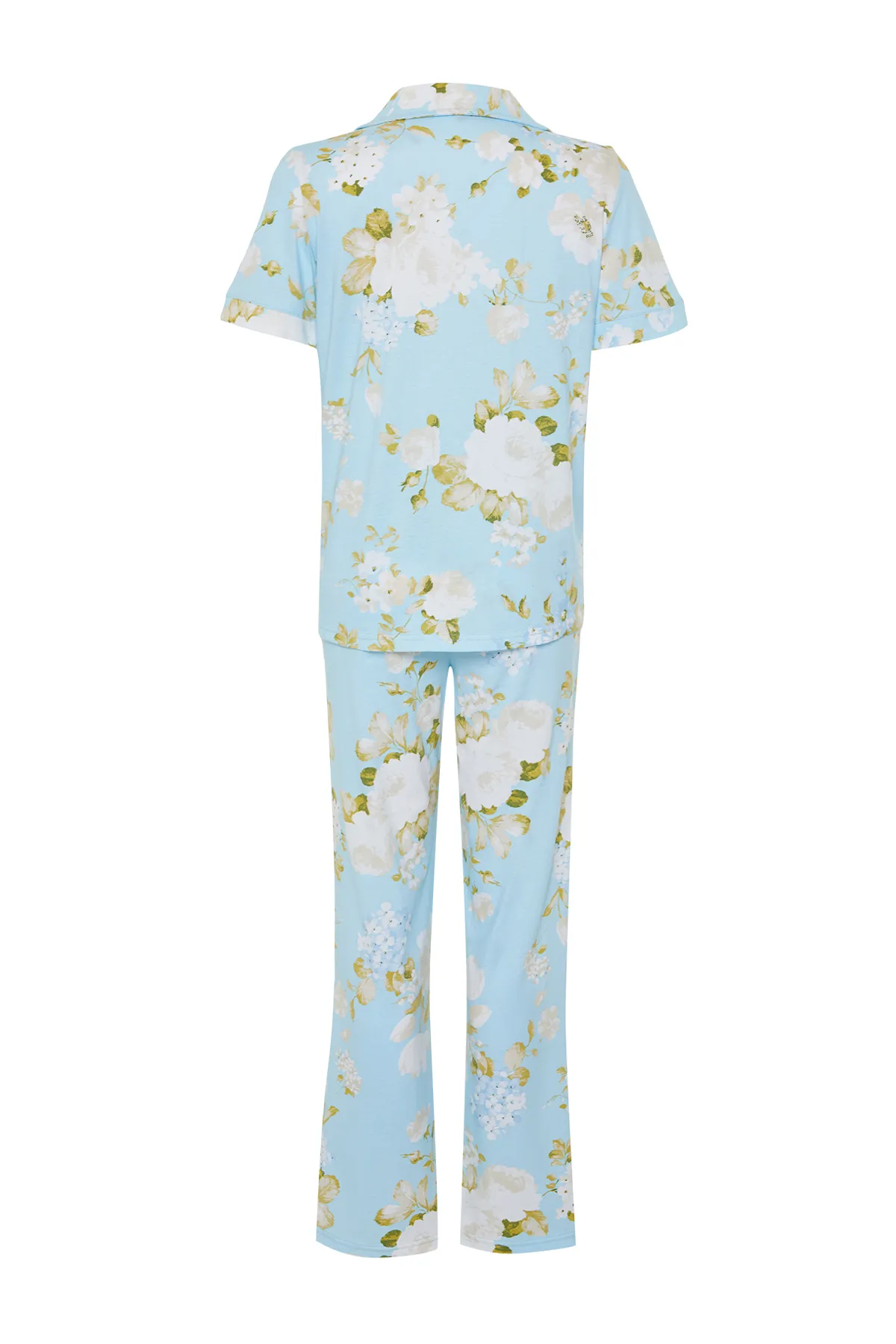 Trendyol Collection  Blaues, gestricktes Pyjama-Set aus Hemd und Hose aus 100 % Baumwolle mit Blumenmuster THMSS20PT0062