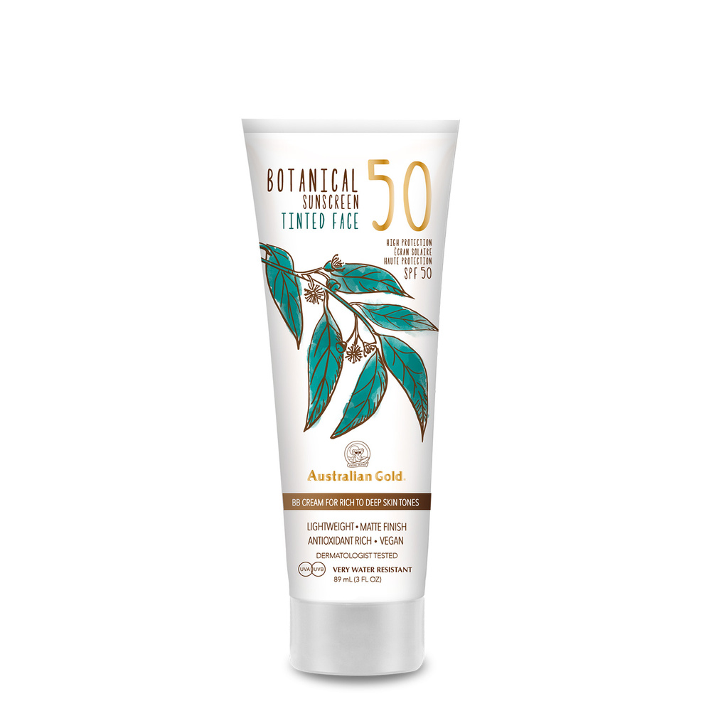 australian gold SPF 50 Lotion botanique teintée pour visage - rich-deep 88 ml Crème solaire botanique pour visage avec autobronzant