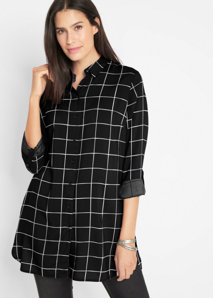 Karierte Longbluse mit Taschen