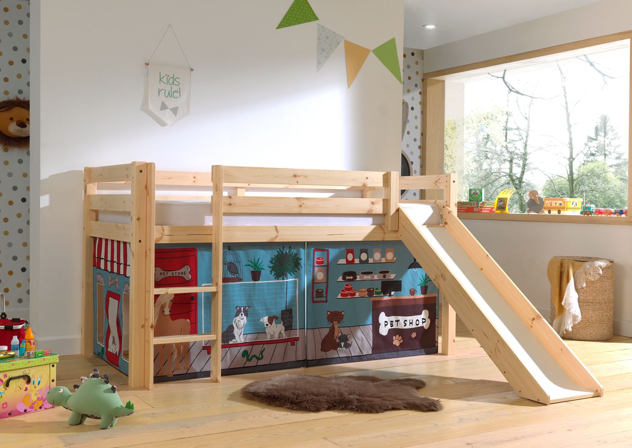 VIPACK Halbhohes Bett PINO, mit Rutsche und Textilset 