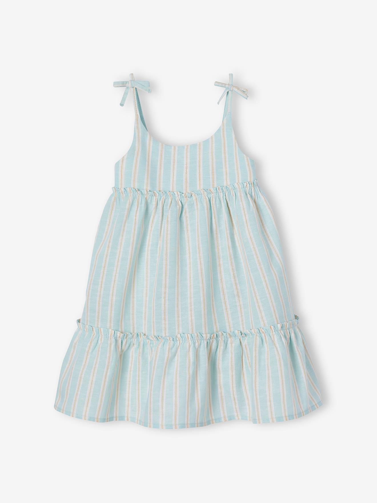 Robe à bretelles rayée fil brillant fille bleu pâle