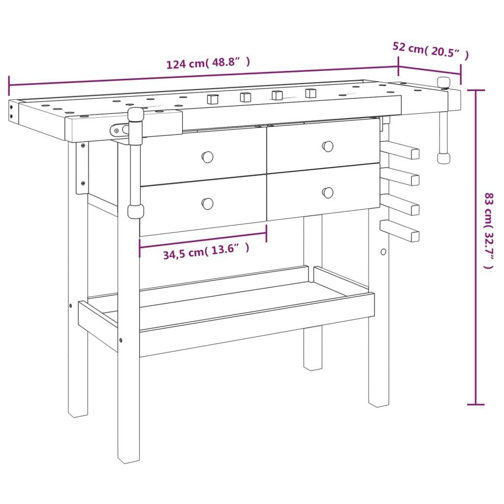 vidaXL Werkbank Werkbank mit Schubladen Schraubstöcken 124x52x83 cm Akazienholz, (1-tlg)