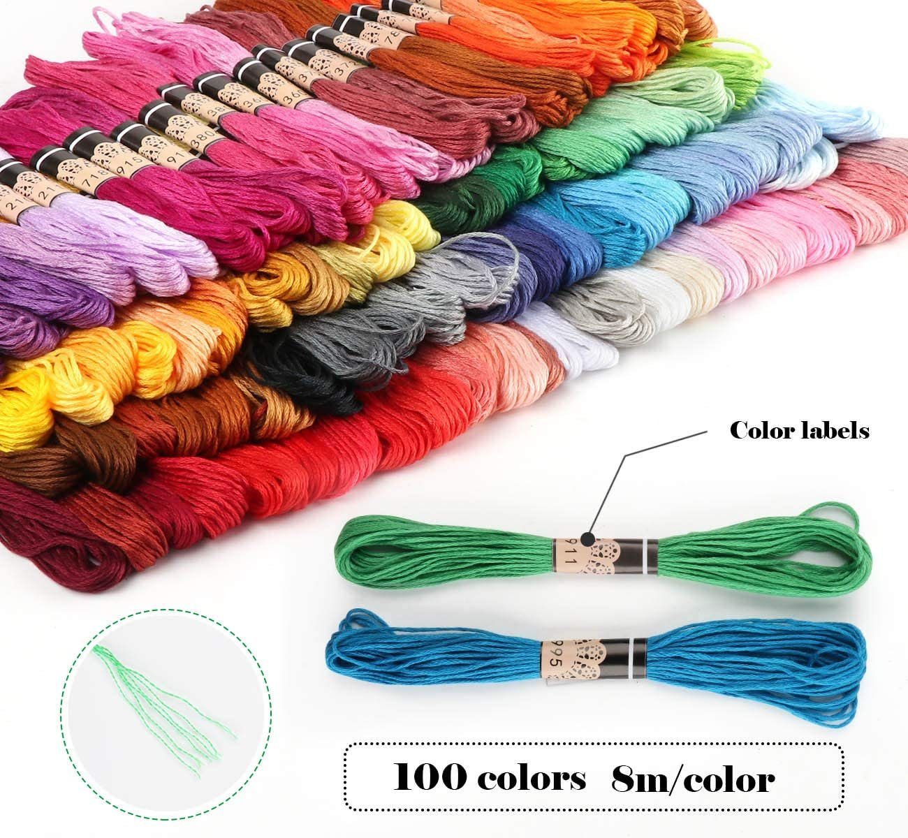 Homewit Stickerei Starter Nähnadeln Set Kreuzstich Tool Basteln Crafts Floss Bastelgarn, (100-St), 100 Farbfäden, 2 Tuch, 5 Bambus Stickrahmen
