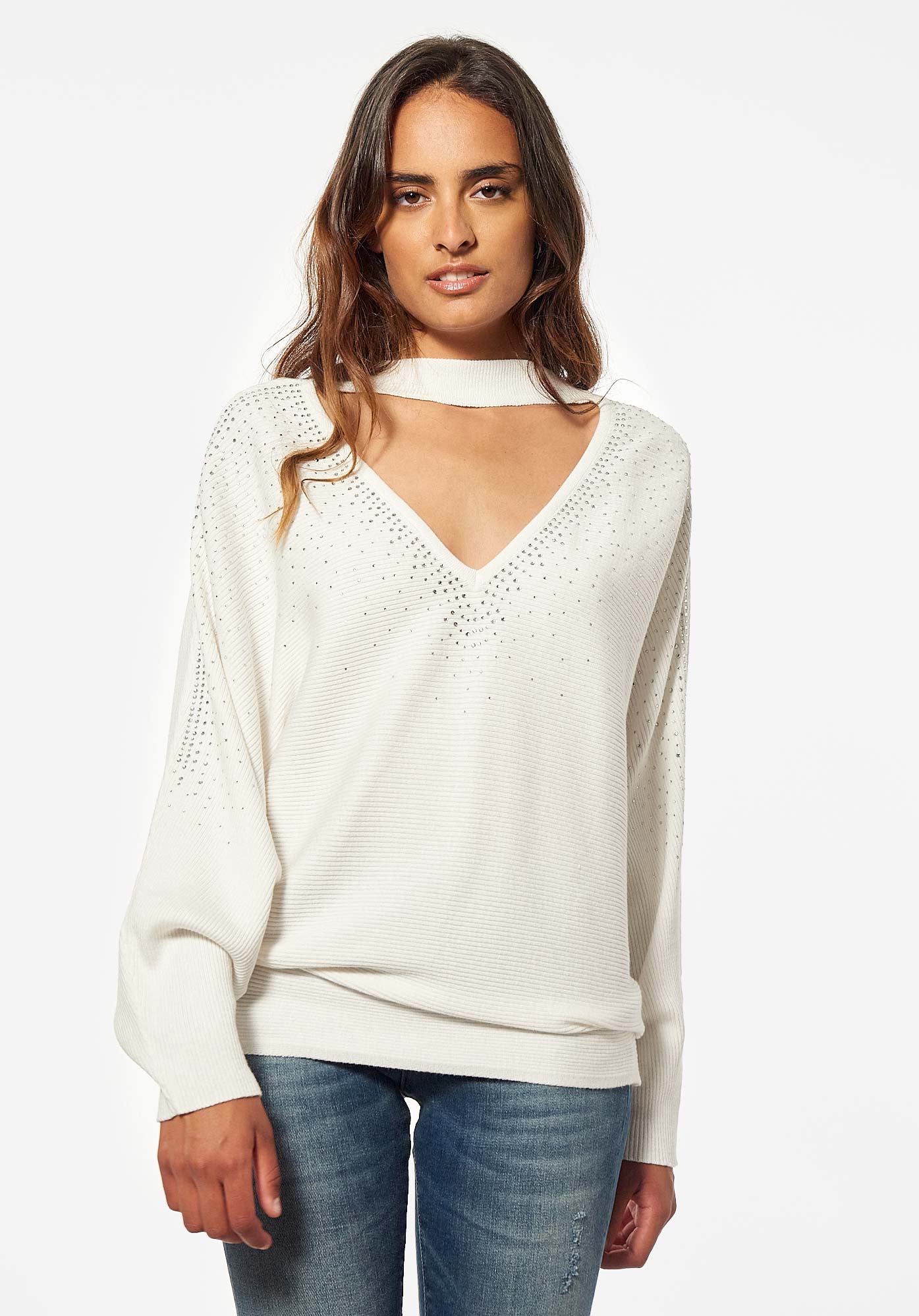 FONE   Pull blanc et strass Femme