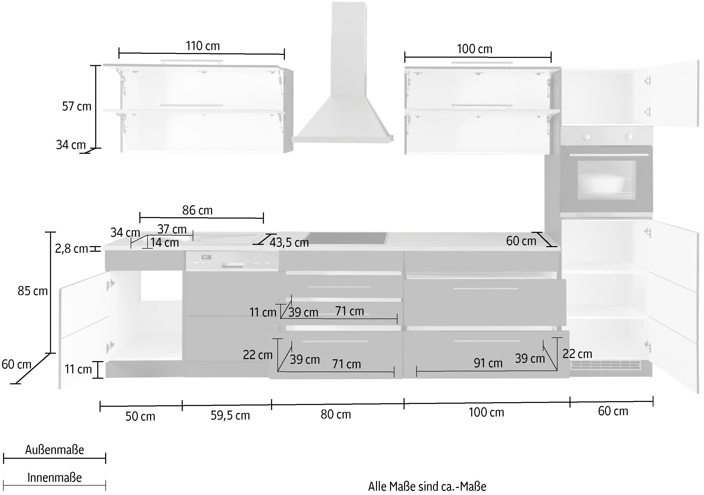 HELD MÖBEL Küchenzeile Wien, Breite 350 cm, wahlweise mit E-Geräten und Induktion
