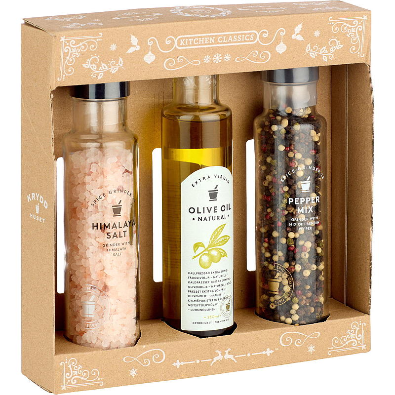 Kryddhuset Gavesett 3 deler salt, pepper, olivenolje