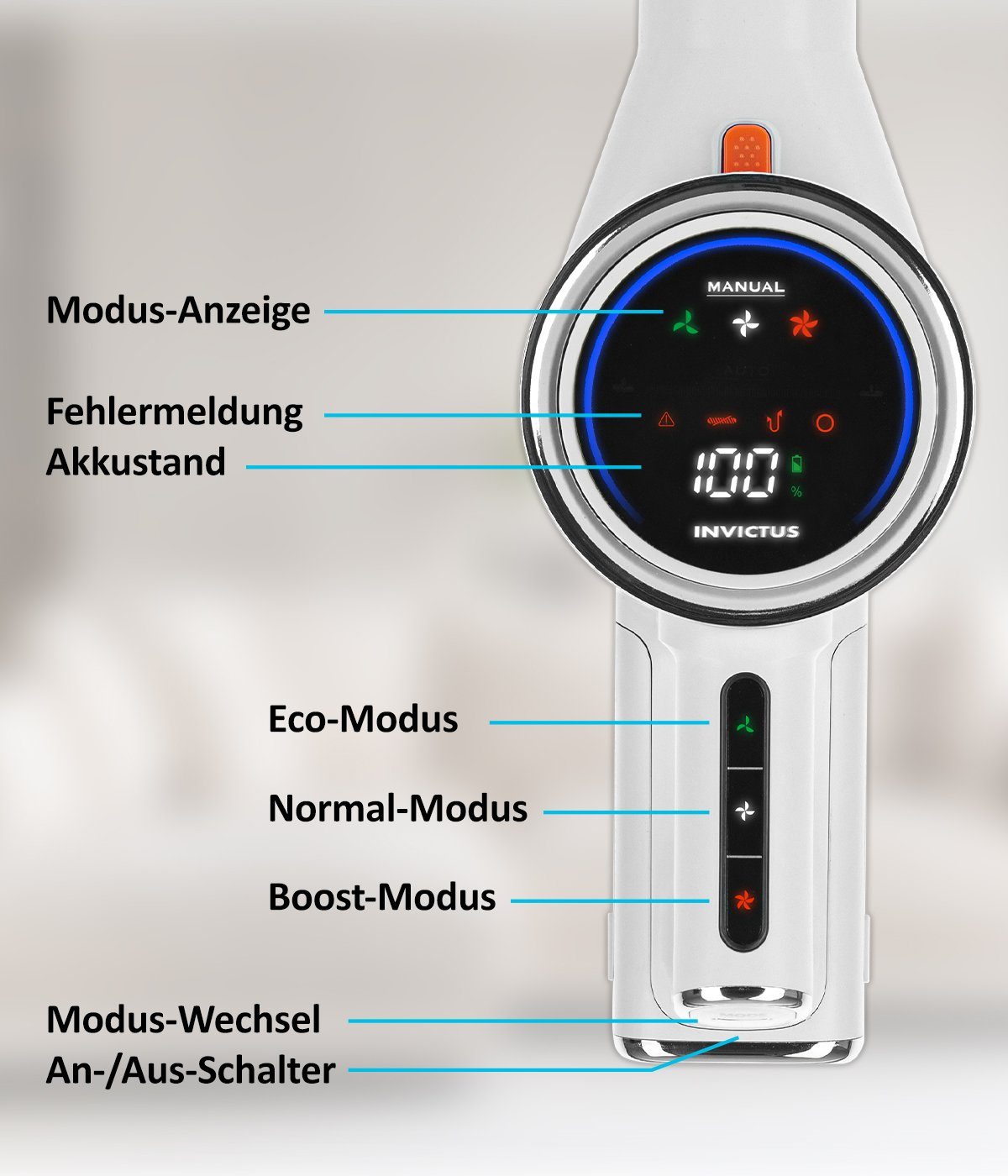 Genius Akku-Hand-und Stielstaubsauger INVICTUS X7 FACELIFT Akkusauger Set 12-tlg. Memory Funktion, 380,00 W, beutellos HEPA Filter, bis zu 60 Min Laufzeit Ultra leicht LED Licht Elektrobürste
