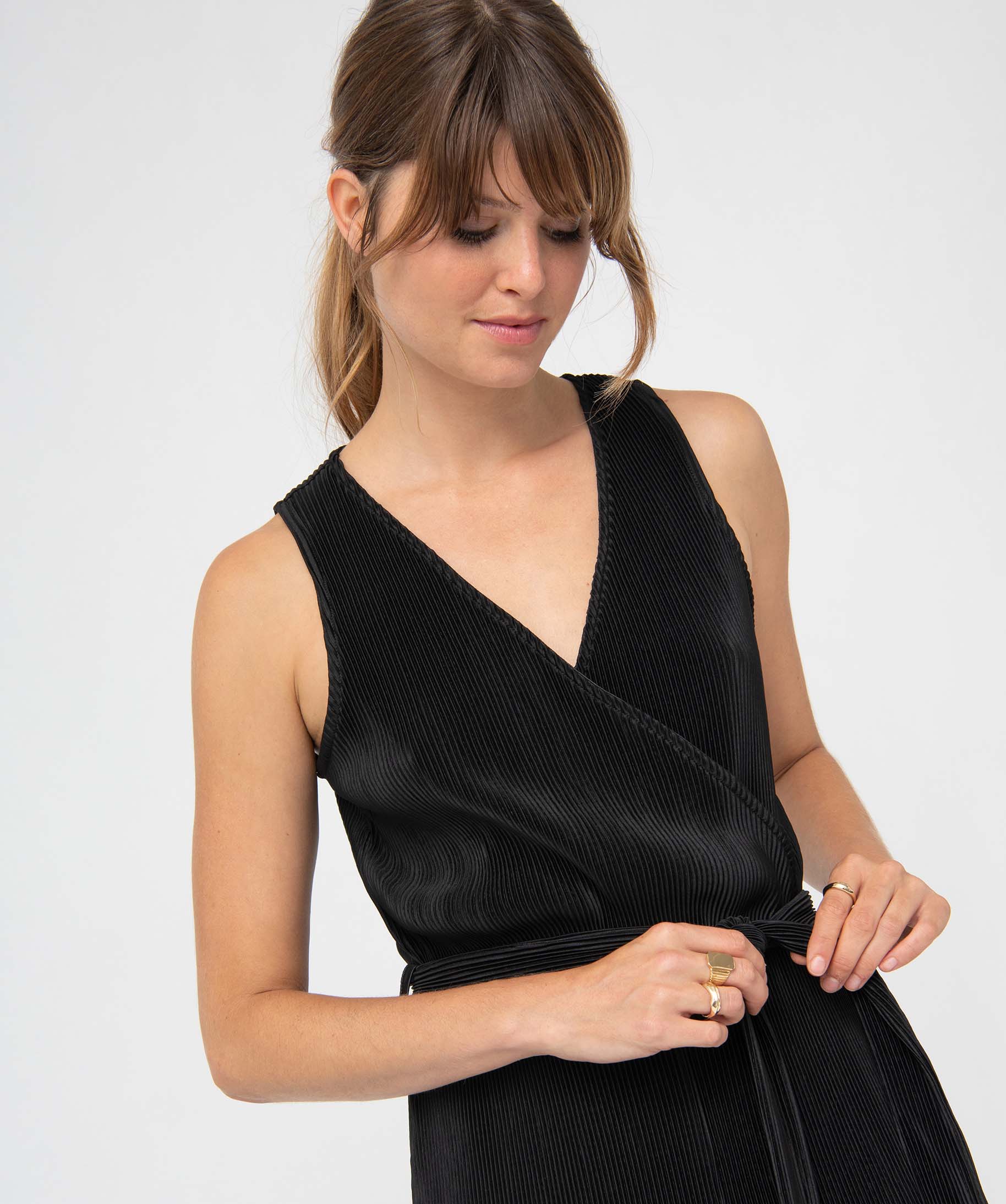 Combi-pantalon femme sans manches plissé noir | GEMO