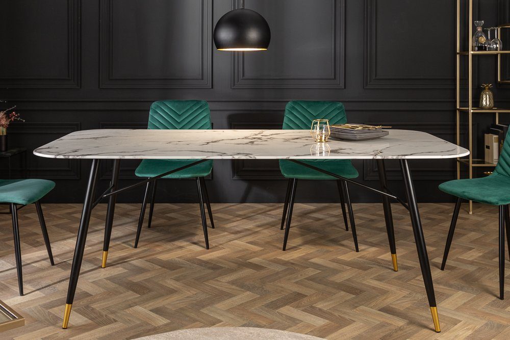 riess-ambiente Esstisch PARIS 180cm weiß / schwarz-gold, Kristallglas · Marmor-Dekor · Retro