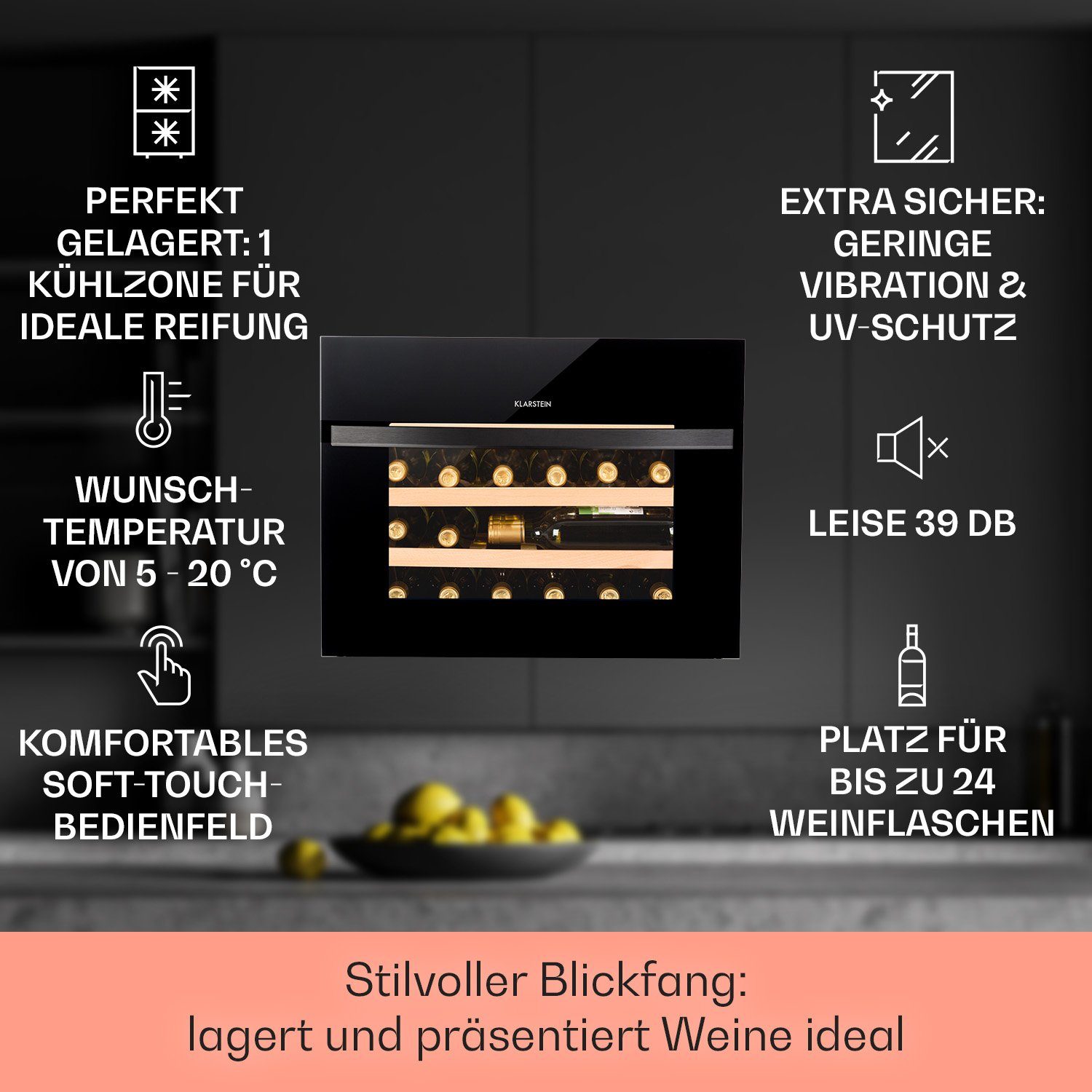 Klarstein Weinkühlschrank Vinsider 24 Built-In Uno, für 24 Standardflaschen á 0,75l,Wein Flaschenkühlschrank Weintemperierschrank Weinschrank Kühlschrank