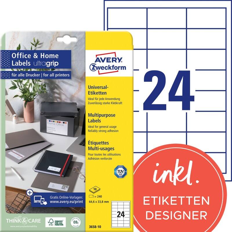 AVERY Zweckform Abziehhilfe QuickPEEL,ultragrip Universaletiketten 3658-10 Selbsthaftend DIN A4 Weiß 64,6 x 33,8 mm 10 Blatt à 24 Etiketten