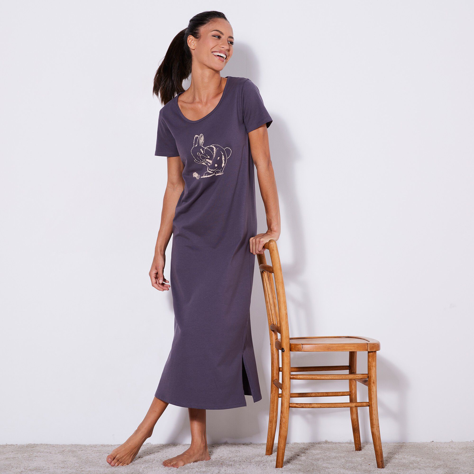 Chemise de nuit longue manches courtes imprimé «Lapin»