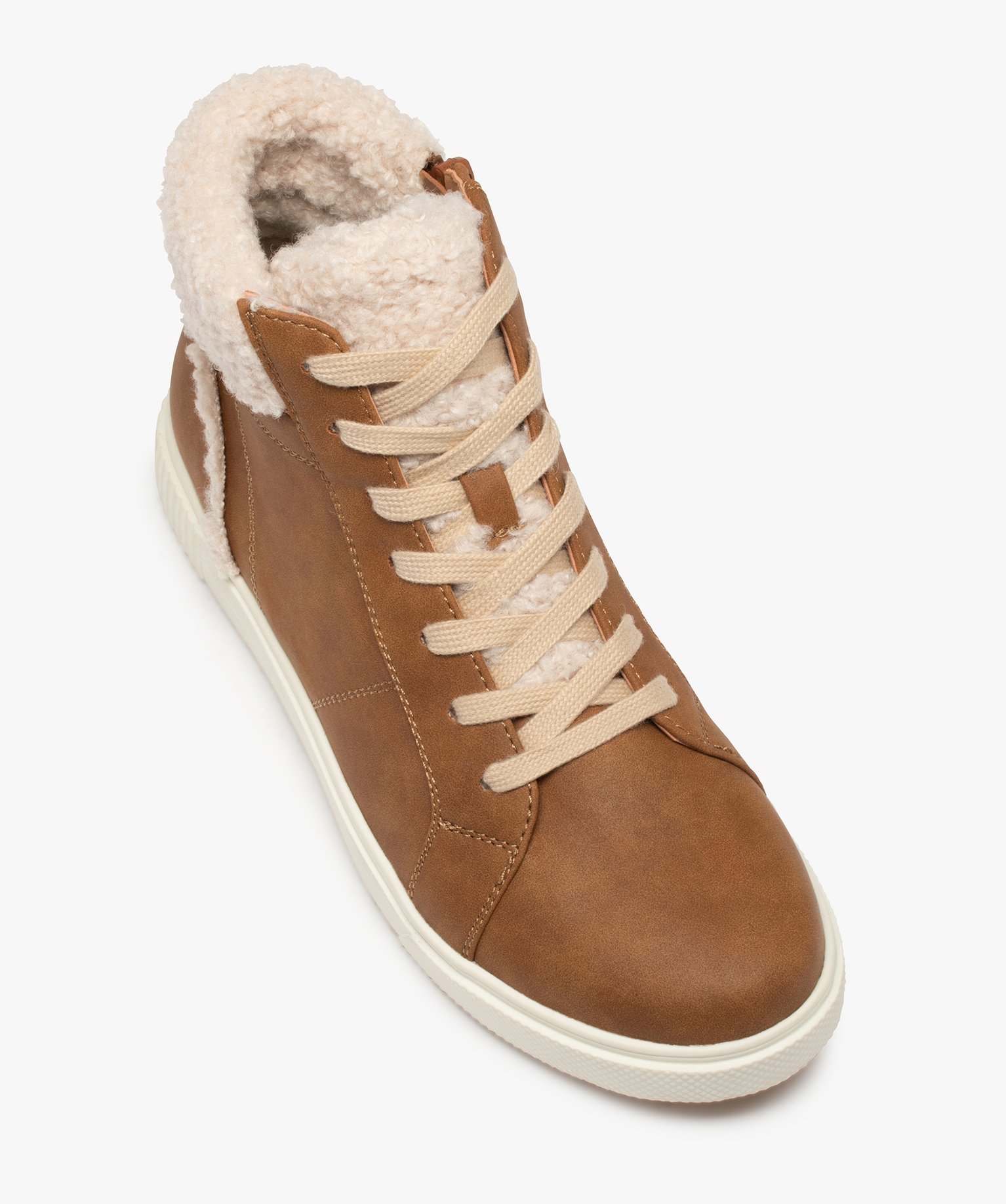 Baskets femme mid-cut unies à col sherpa marron | GEMO