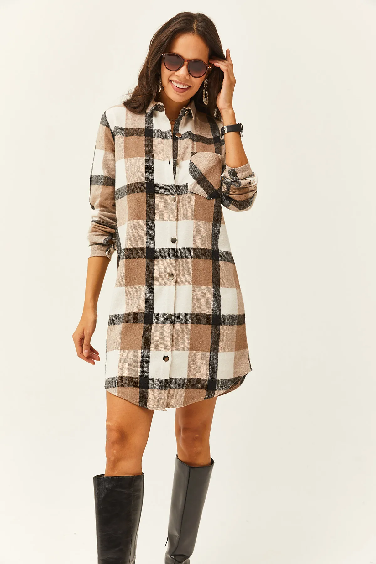 Olalook  Damen Schwarz Grau Lumberjack Dickes Plaid Tunika Kleid ELB-19000836