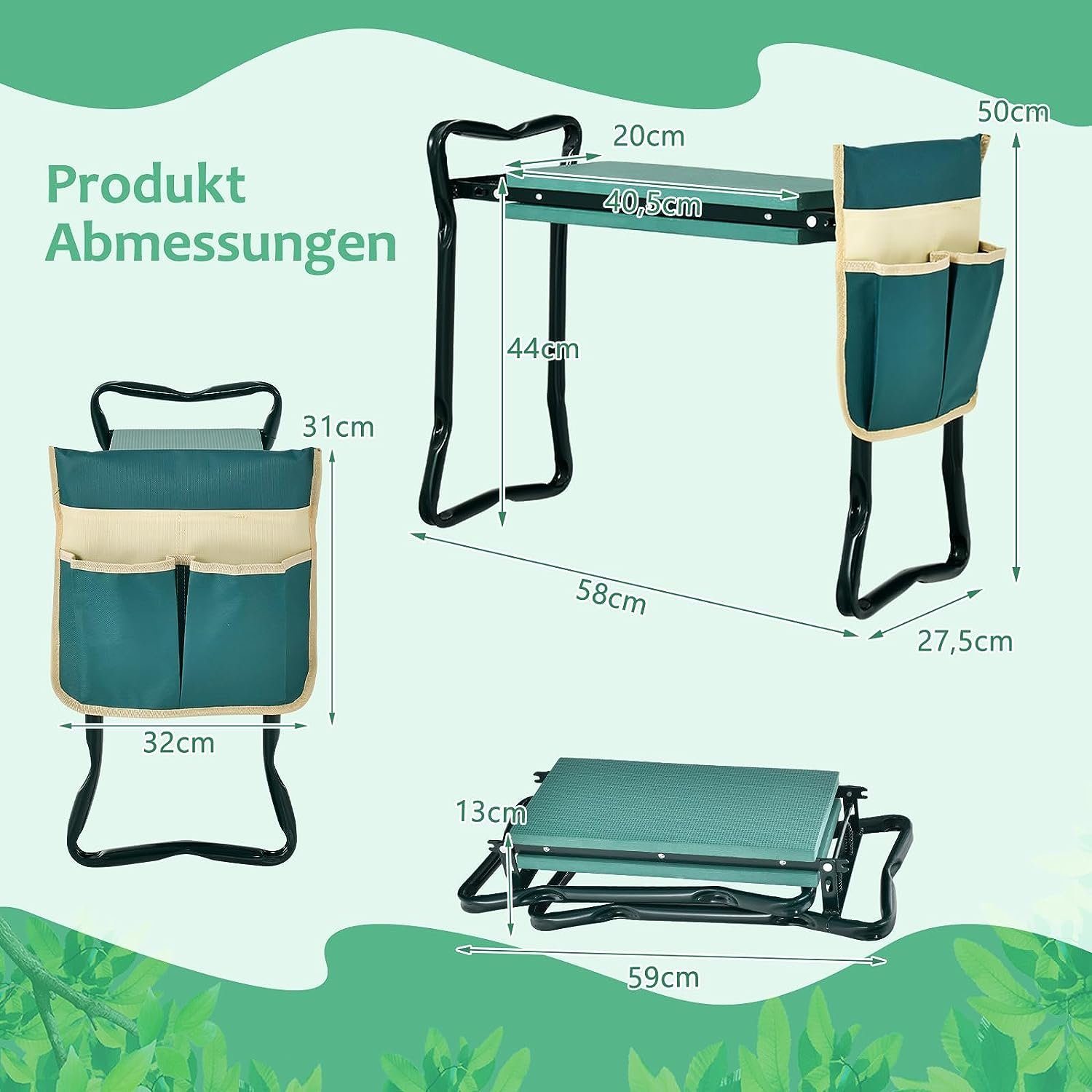 KOMFOTTEU Arbeitshocker Gartenhocker (2 St), klappbar, bis 150kg, mit 1 Werkzeugtaschen