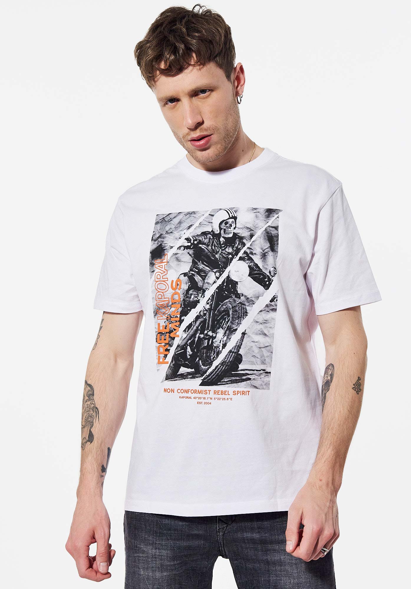 BLAZE  T-shirt blanc biker tête de mort Homme