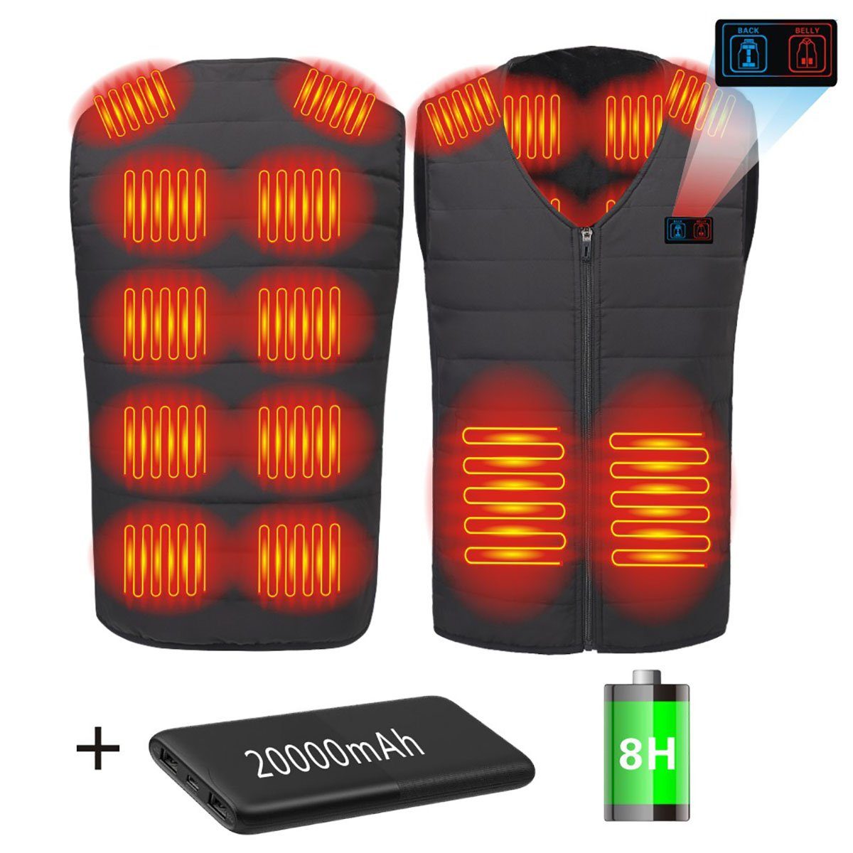 Warmzone Funktionsweste Heizwesten Damen Herren 12 Zone heizbare Westen L (Set) -wasserabweisend gefütterte-Heizwesten mit Akku Powerbank 20000mAh