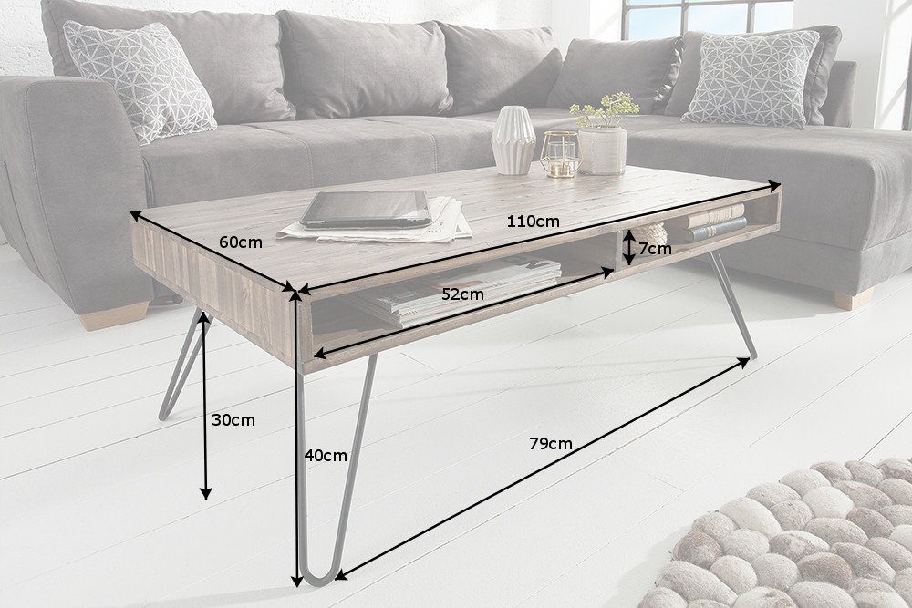 riess-ambiente Couchtisch SCORPION 110cm grau / schwarz, Wohnzimmer · Massivholz · Metall · Hairpin Legs · eckig · Retro