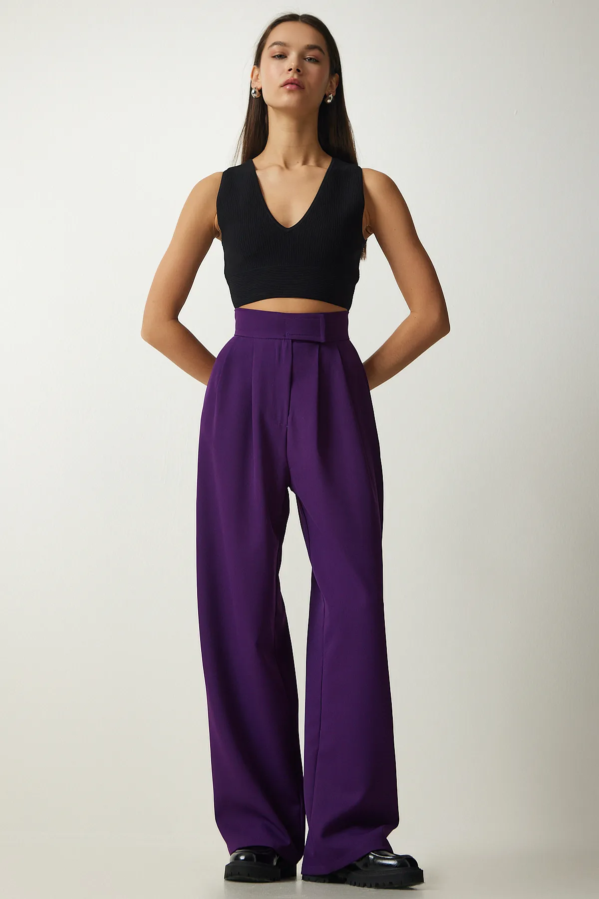 Happiness İstanbul  Damen-Pflaumen-Taillen-Klettverschluss-Lose-Hose YL00001