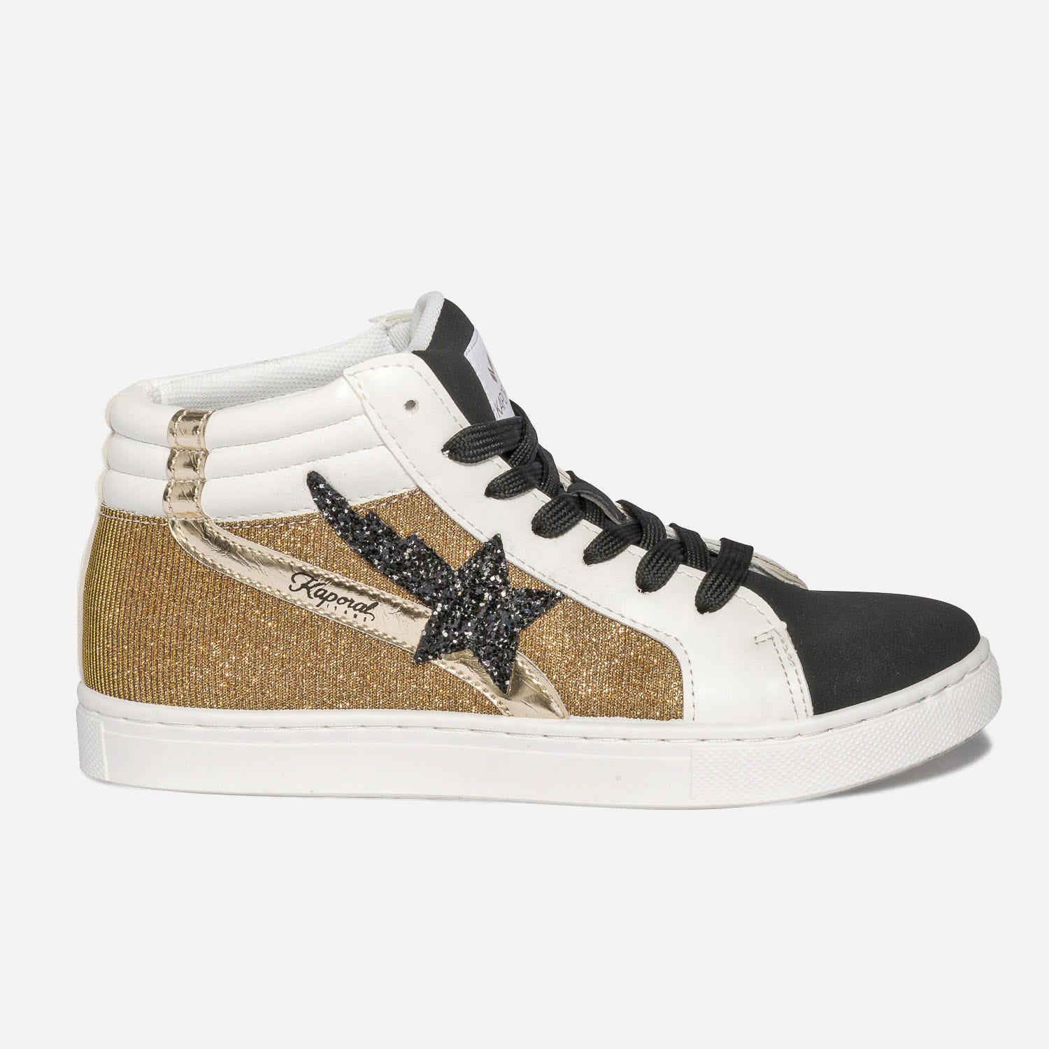 Basket KAPORAL noire, blanche et mesh doré
