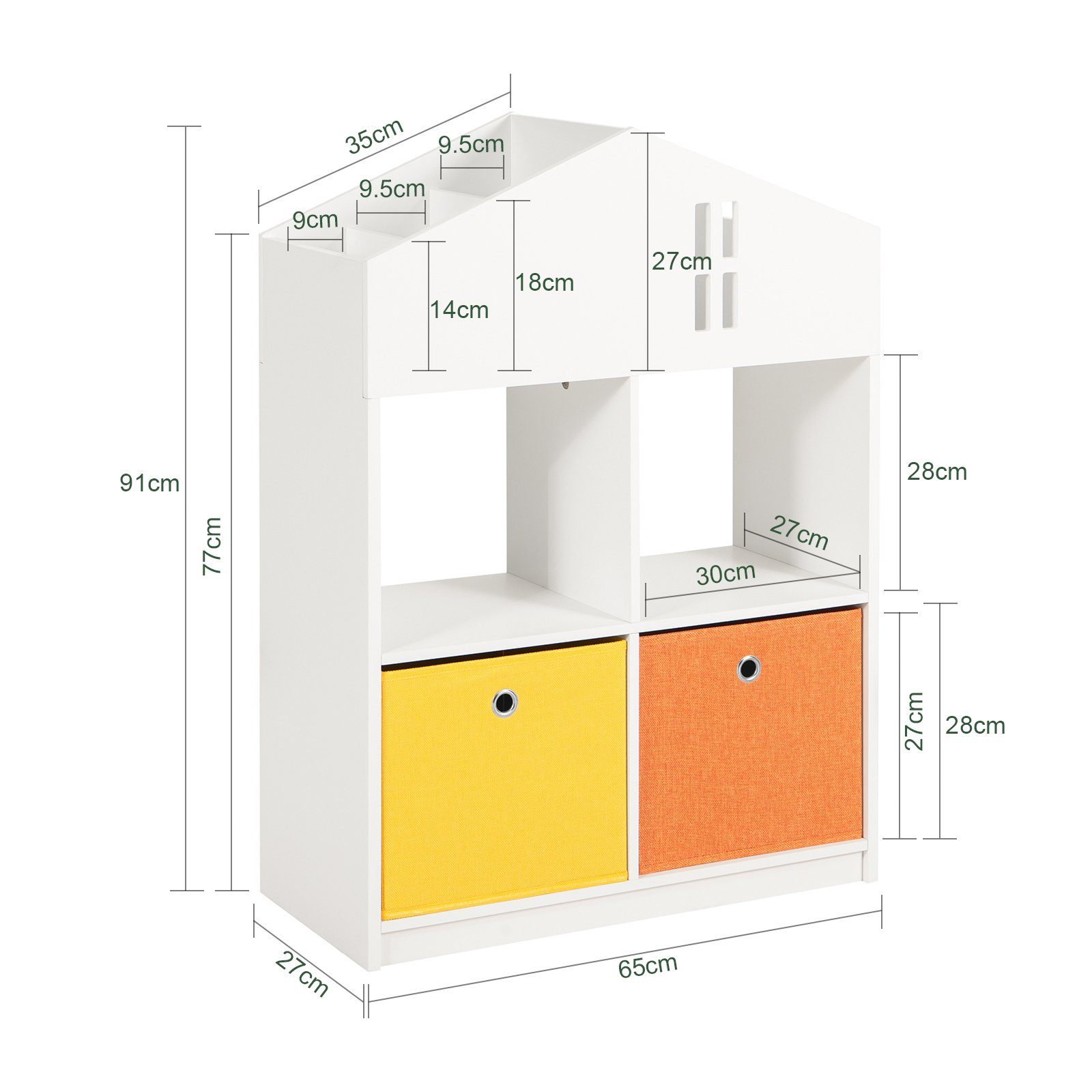 SoBuy Bücherregal KMB49, mit Haus-Design Kinderregal mit 2 Stoffboxen Spielzeugregal