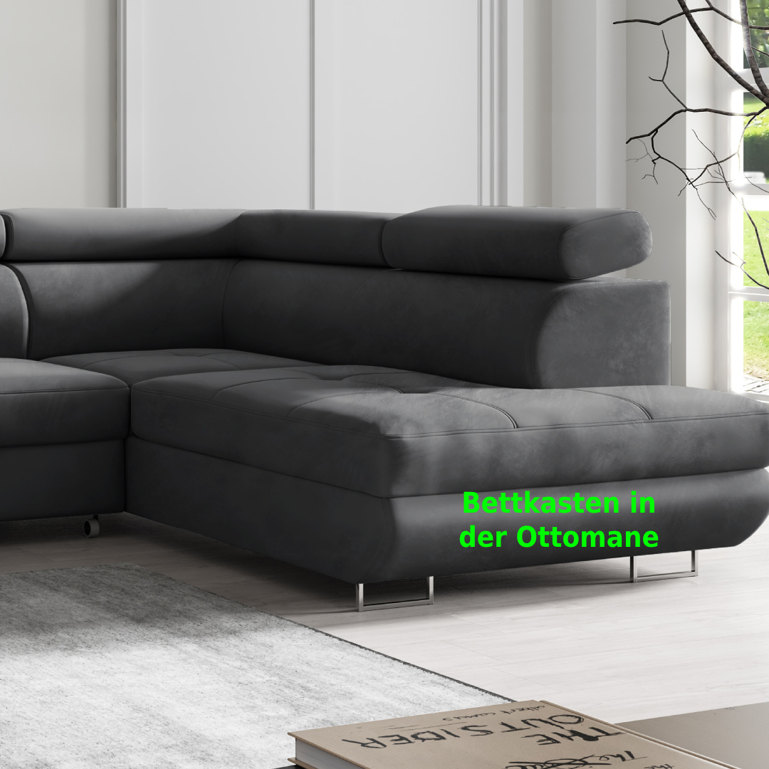 Möbel Punkt Wohnlandschaft Ecksofa Monaco Samt Grau mit Bett Bettkasten Kopfteilverstellung Bett Sofa Schlafsofa Ottomane rechts