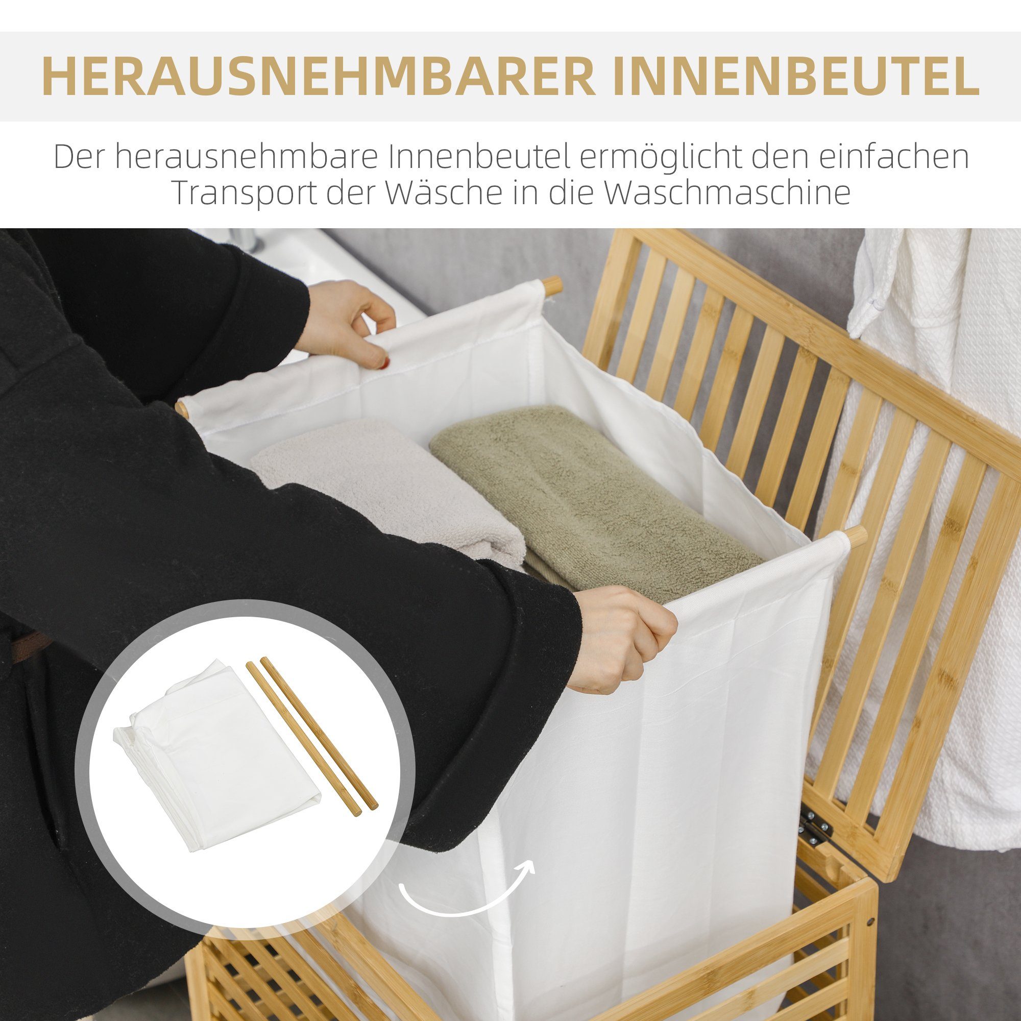 HOMCOM Wäschekorb Wäschesammler aus Bambus, Wäschekorb für Bad, Wäscheständer (Wäschebox, 1 St., Wäschetruhe), mit Deckel und entnehmbarem Wäschesack