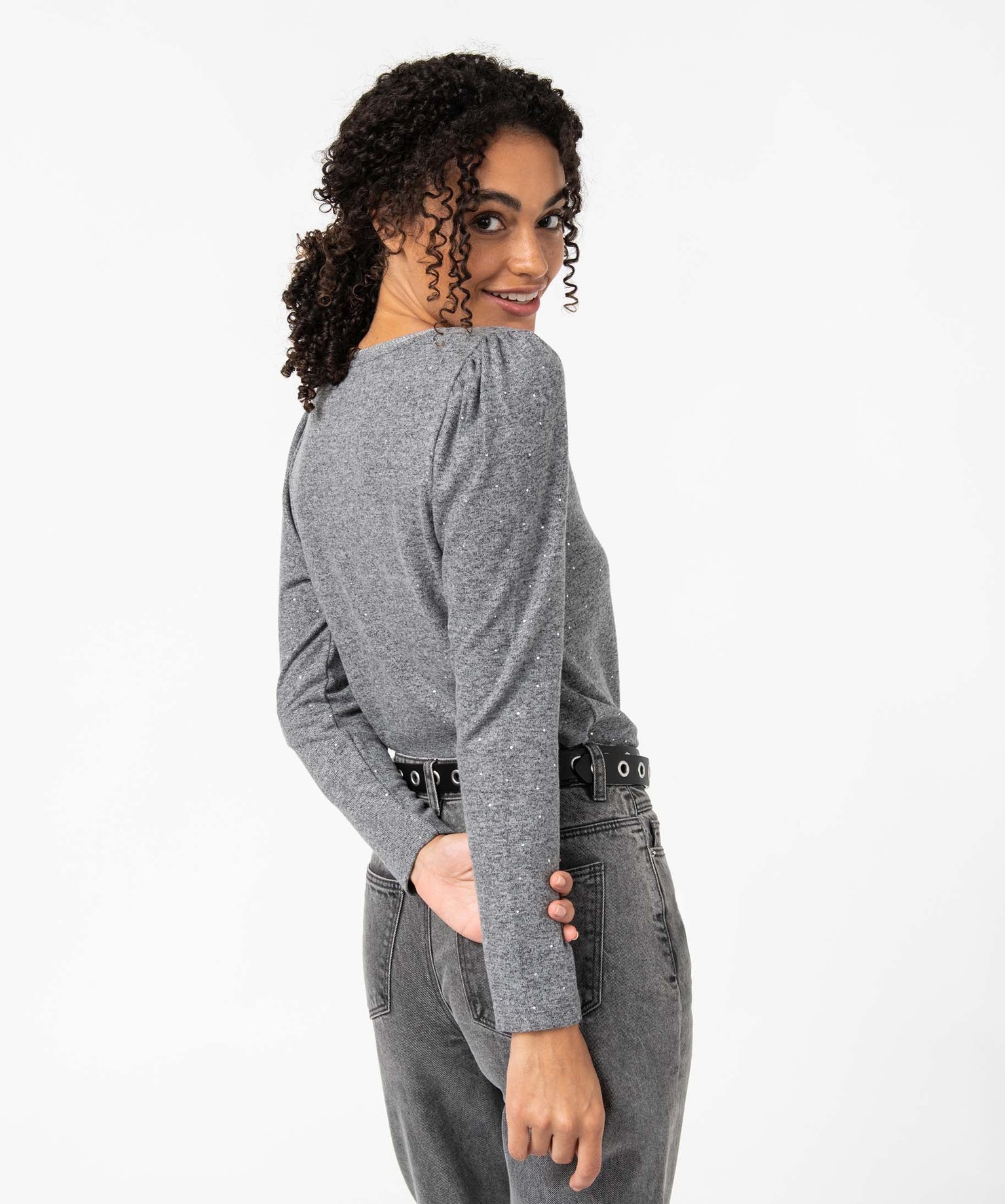 Tee-shirt femme à manches longues avec col V et motif scint... gris | GEMO