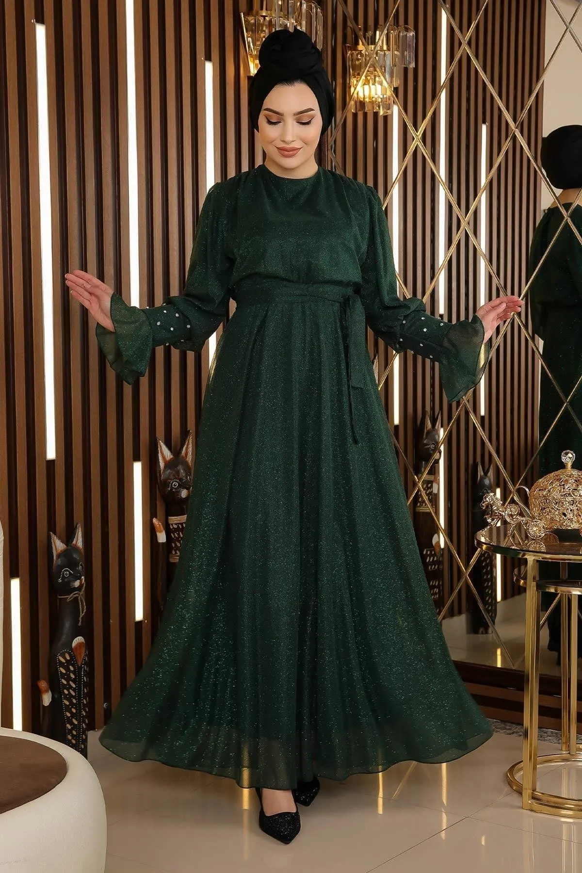 Modamihram  Steindetailliertes glitzerndes Chiffon-Abendkleid Smaragdgrün 19113