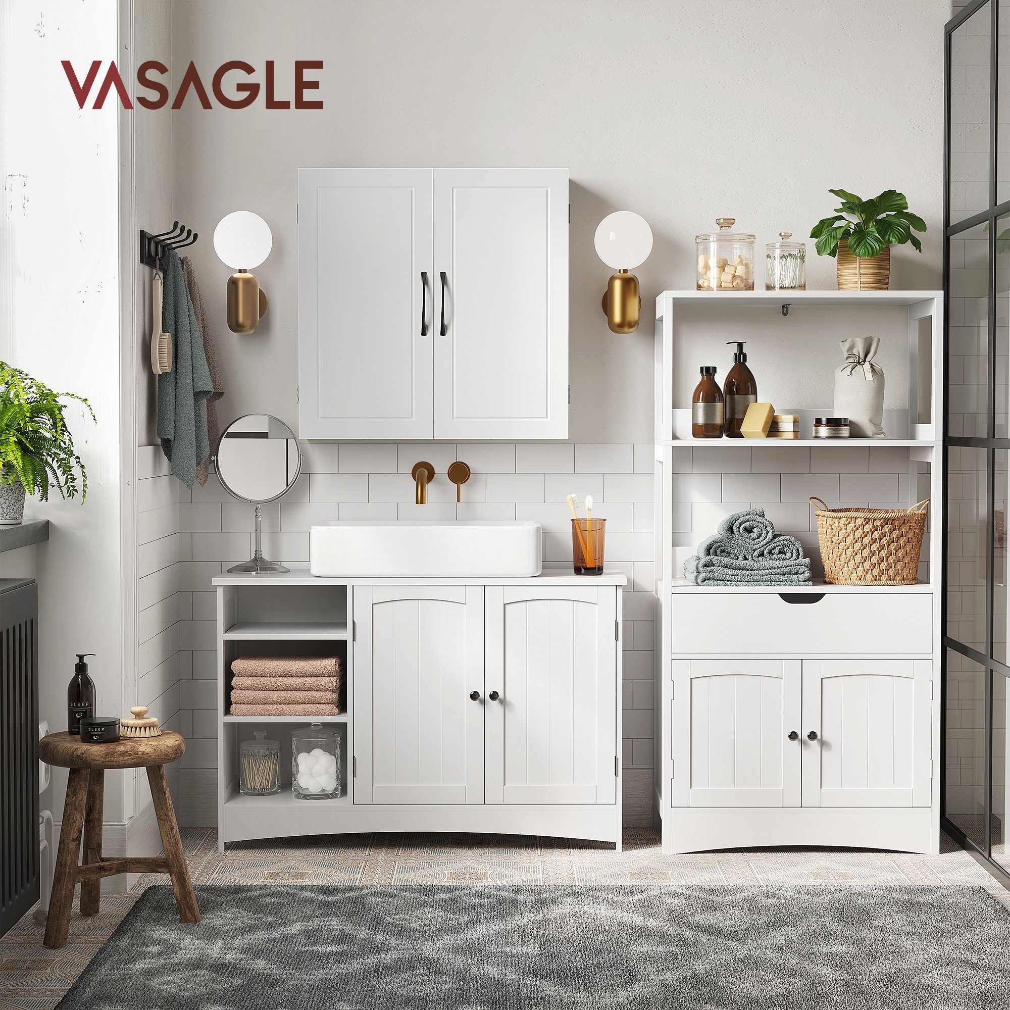 VASAGLE Waschbeckenunterschrank höhenverstellbare Ablagen, 90 x 30 x 60 cm